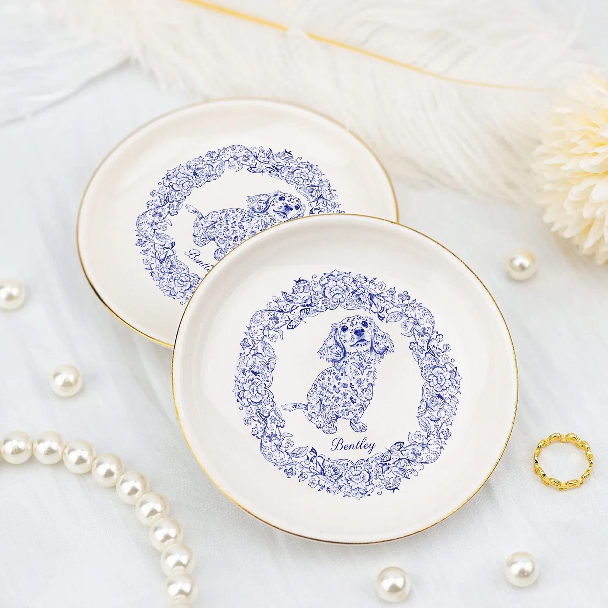 Custom Dog Portrait Jewelry Tray, Floral Toile de Jouy Ceramic Ring Dish image 1