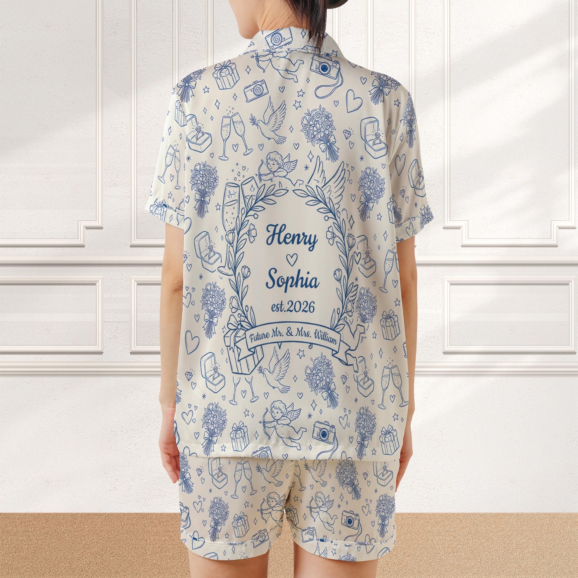 Custom Name Satin Pajama Set: Blue Wedding Doodle Print Button Down Short Sleeve image 2