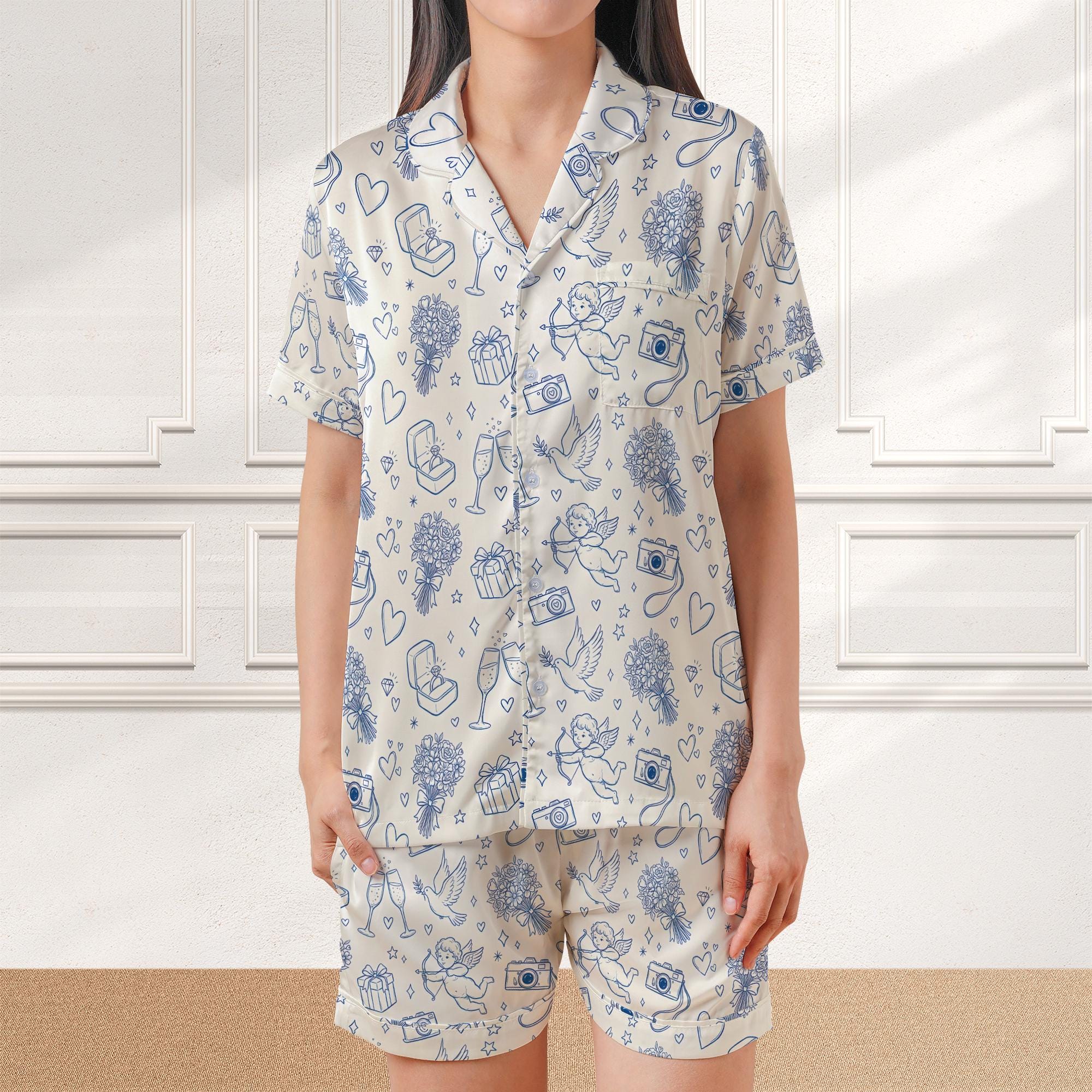 Custom Name Satin Pajama Set: Blue Wedding Doodle Print Button Down Short Sleeve image 1