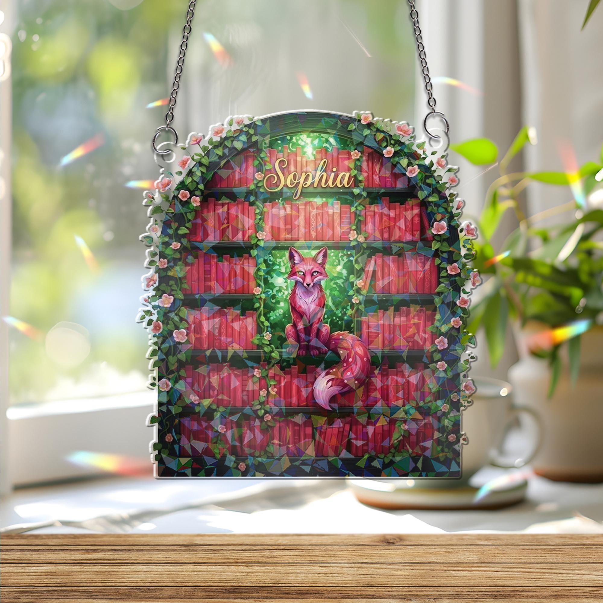 Personalized Fox Suncatcher: Red Bookshelf Library Design Holographic Acrylic Window Hanging image 1
