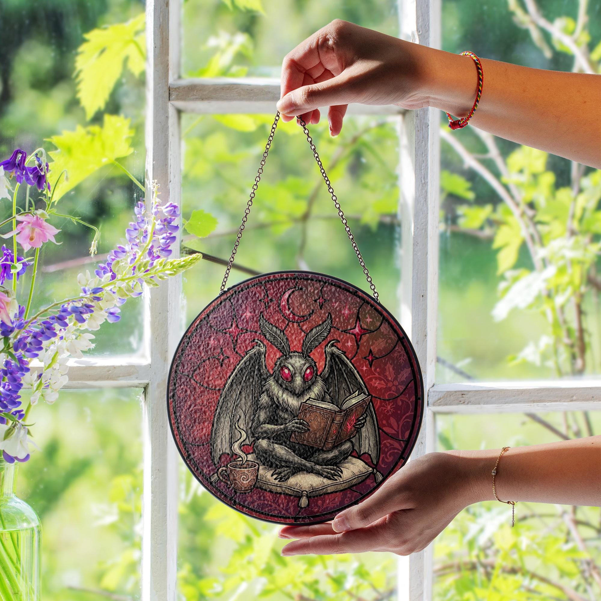 Mothman Reading Suncatcher: Red Gothic Stained Glass Style Round Window Hanging image 2