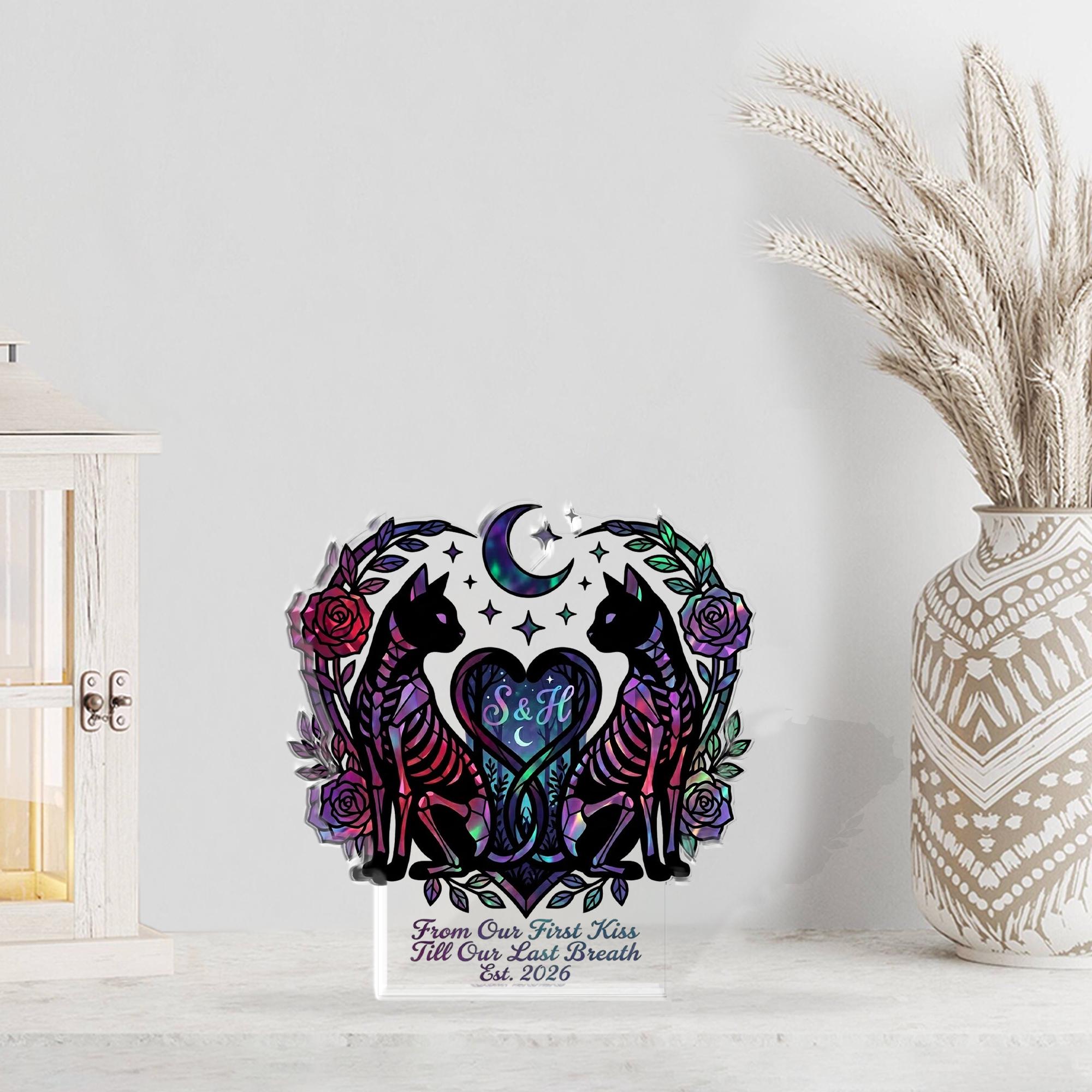 Personalized Acrylic Plaque: Skeleton Cats Gothic Wedding Date Sign Stained Glass Style image 2