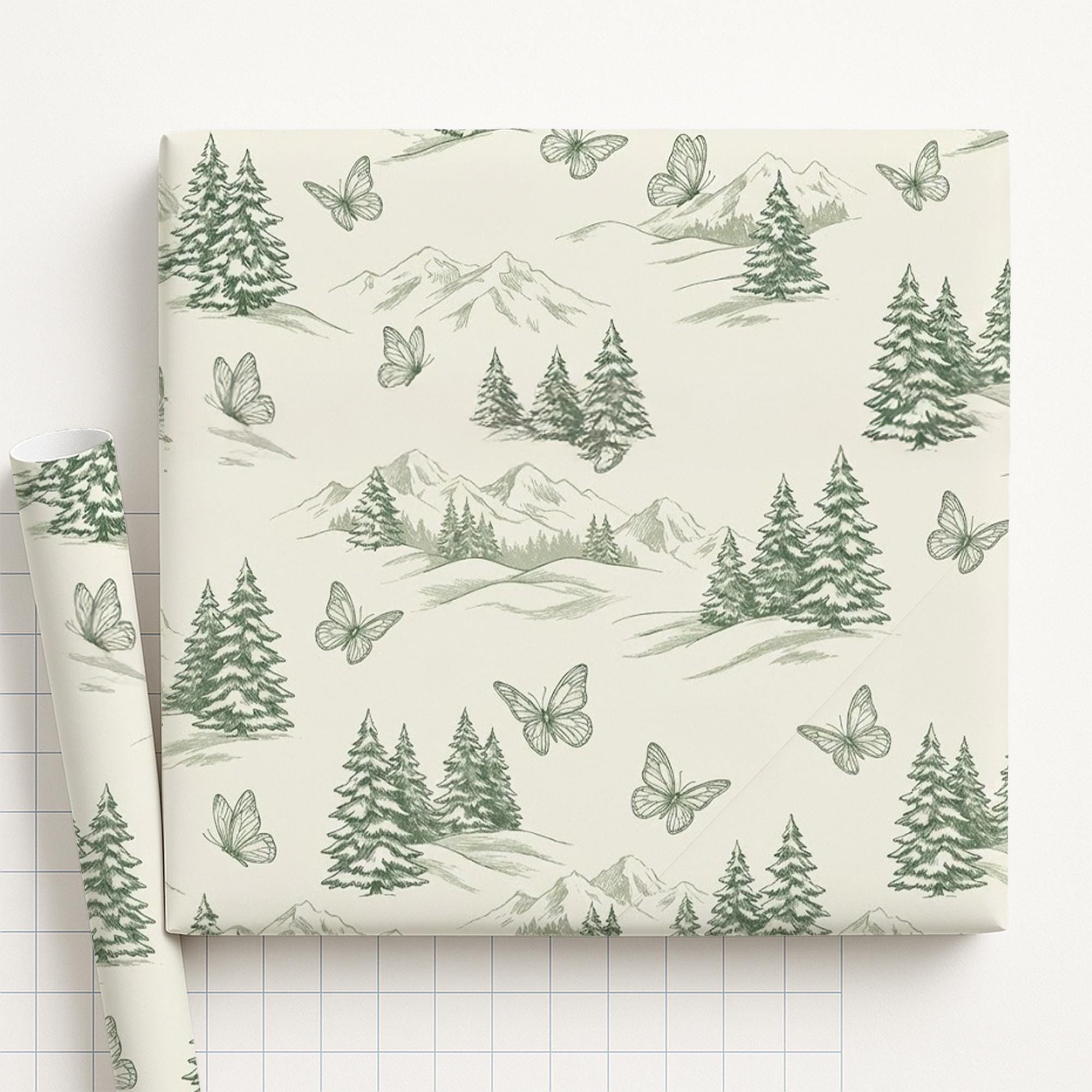 Green Toile Wrapping Paper: Mountain Landscape & Pine Tree Design Butterfly Print Gift Wrap image 1