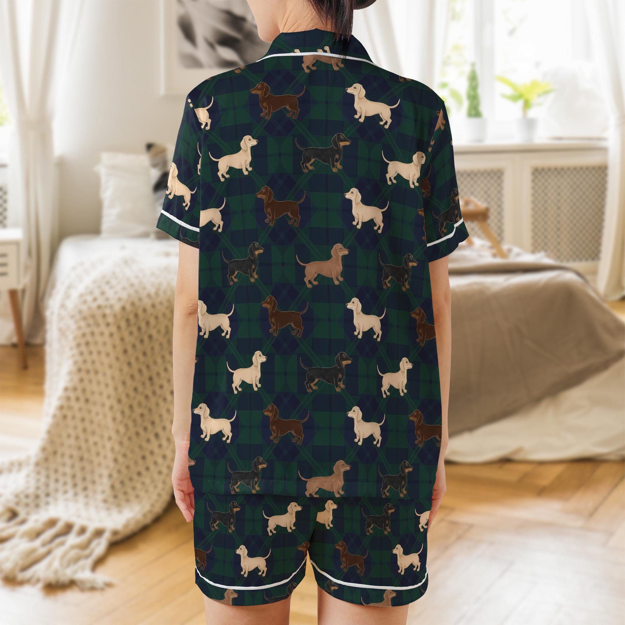 Dachshund Satin Pajama Set: Green Plaid Tartan Print Wiener Dog Button Down Short Sleeve image 2