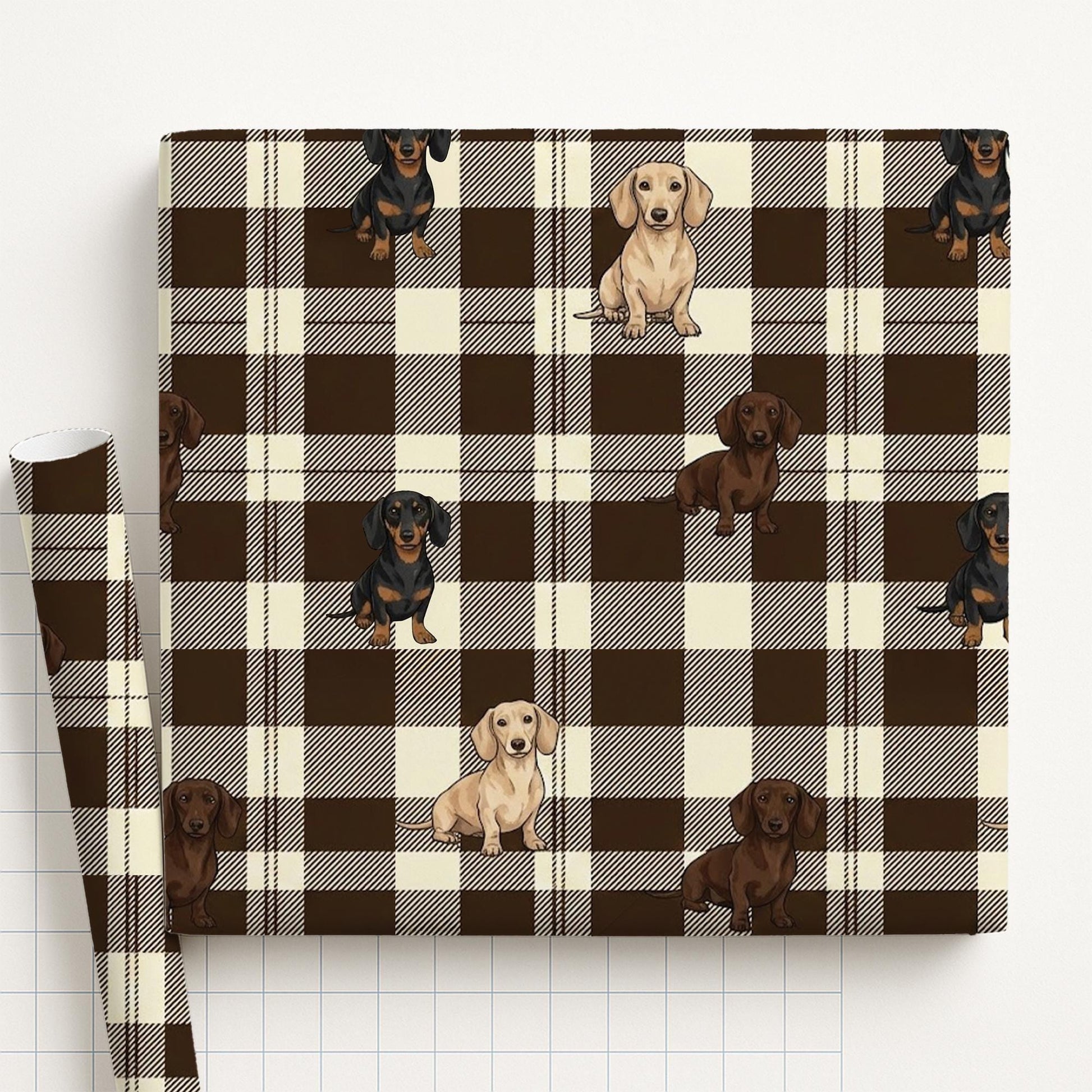 Dachshund Wrapping Paper: Brown Checkered Plaid Print Wiener Dog Gift Wrap Sheet image 2