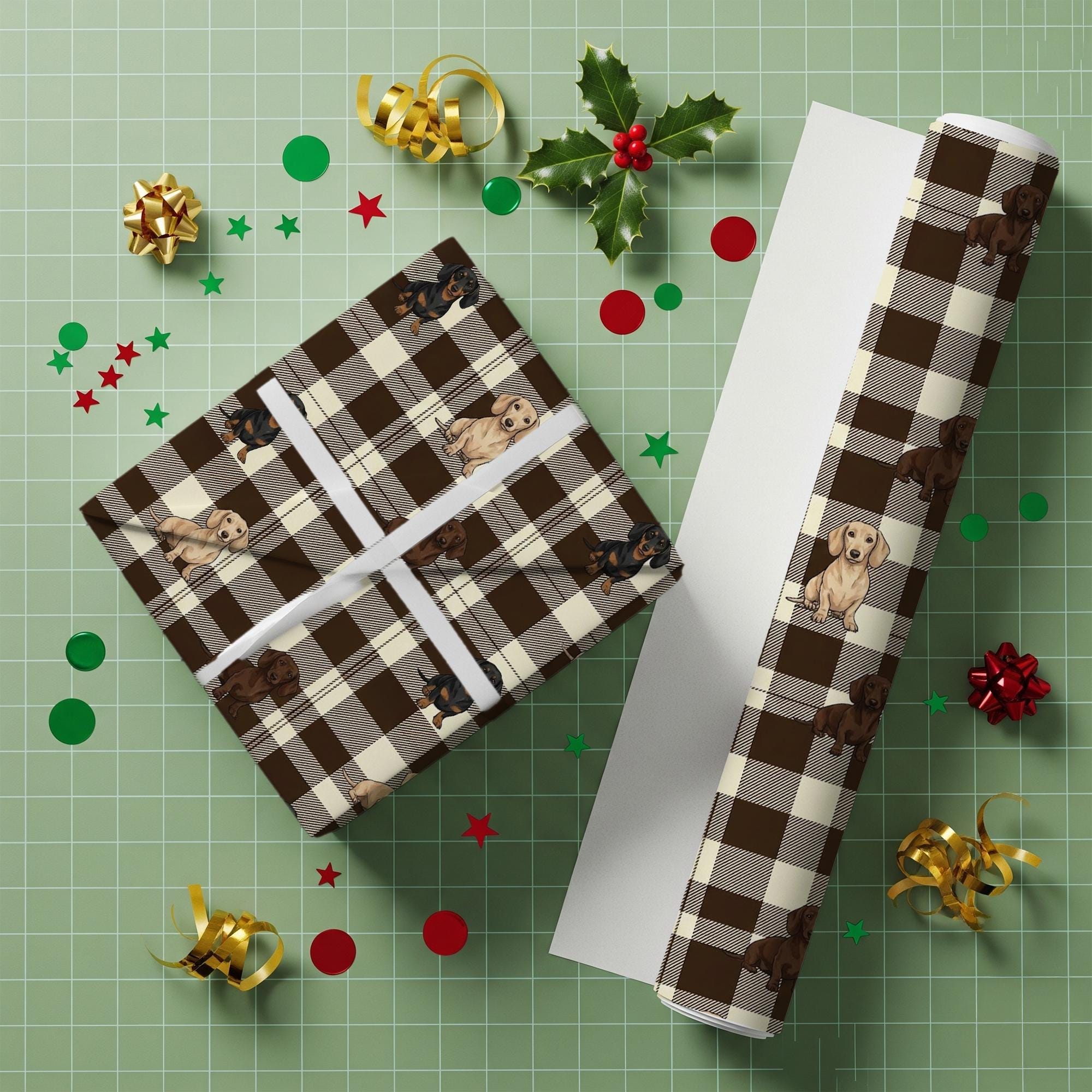 Dachshund Wrapping Paper: Brown Checkered Plaid Print Wiener Dog Gift Wrap Sheet image 4