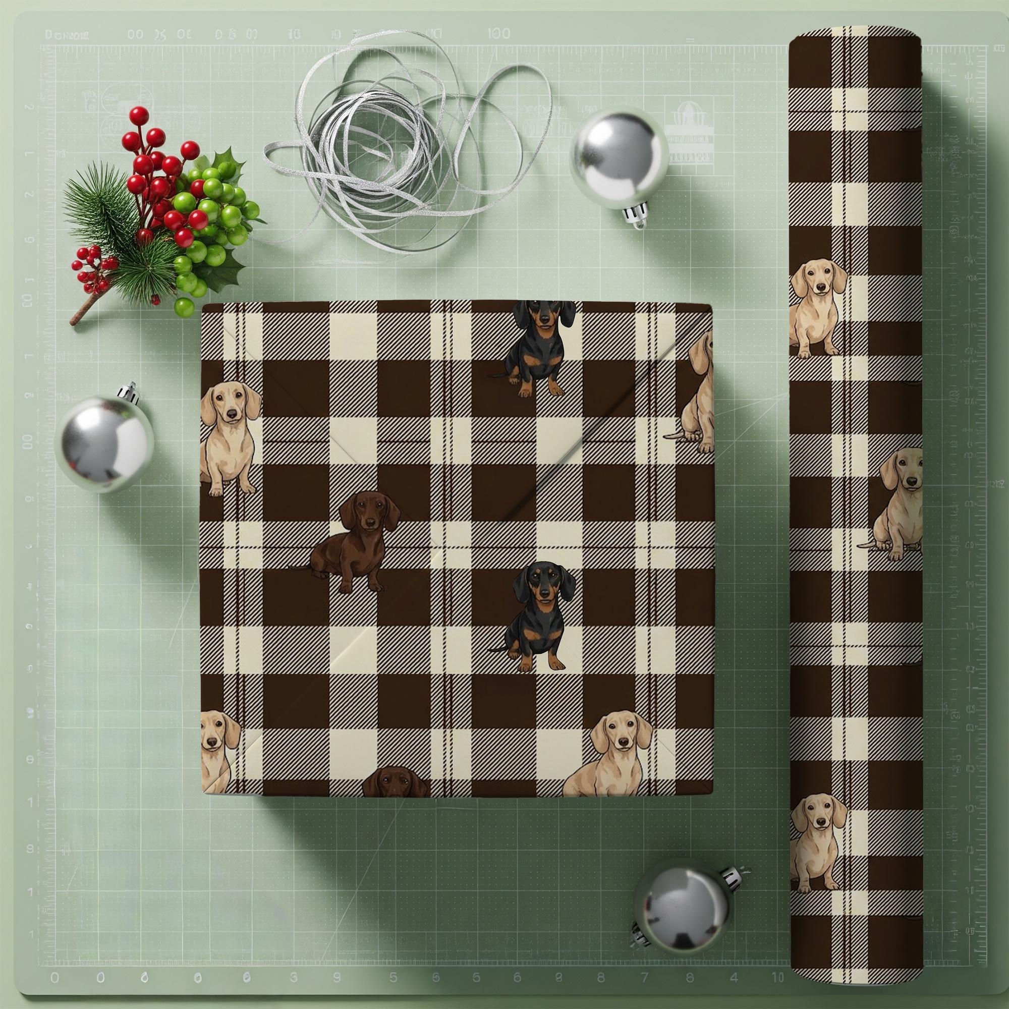 Dachshund Wrapping Paper: Brown Checkered Plaid Print Wiener Dog Gift Wrap Sheet image 1