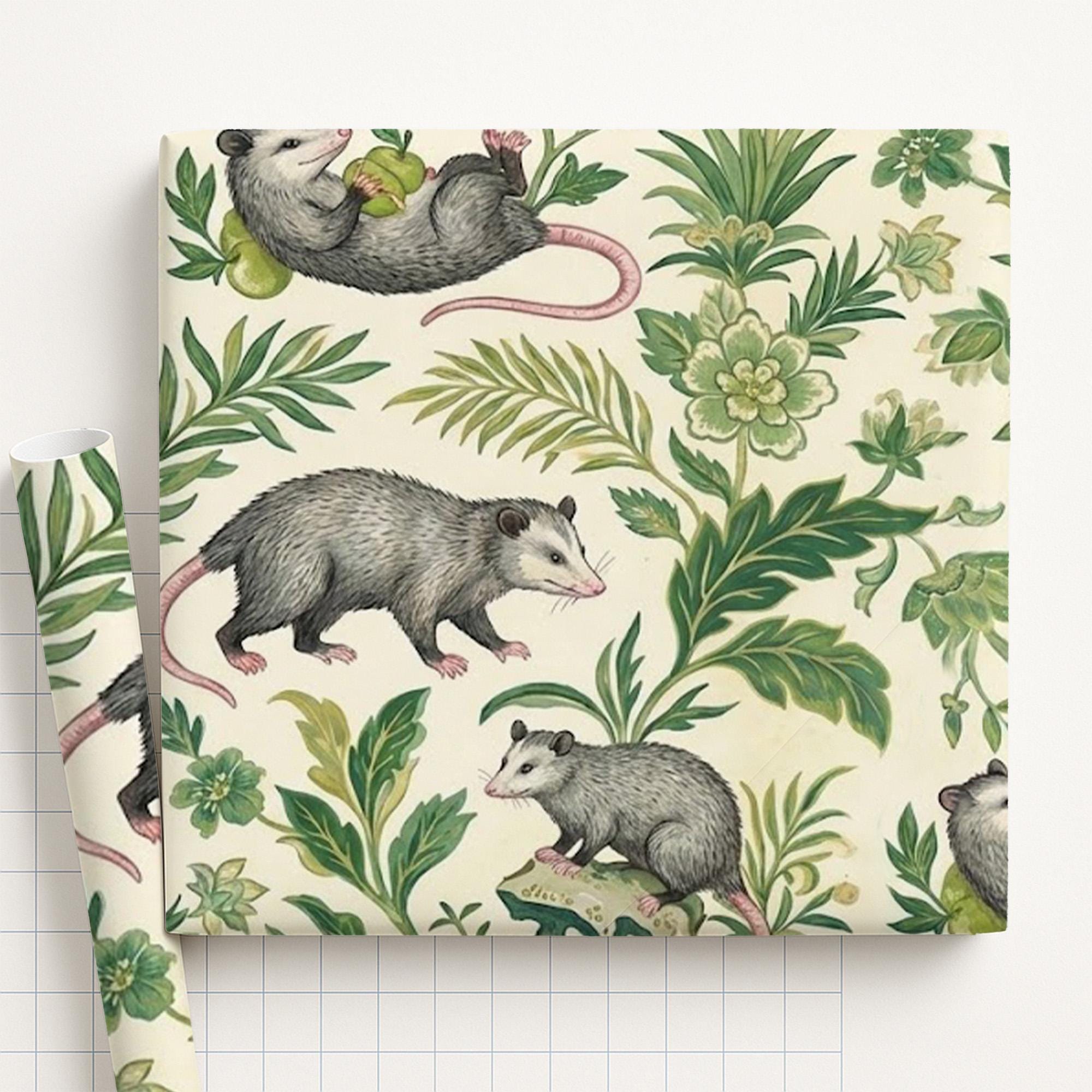 Opossum Wrapping Paper: Vintage Botanical Green Floral Print Possum Gift Wrap Sheet image 1