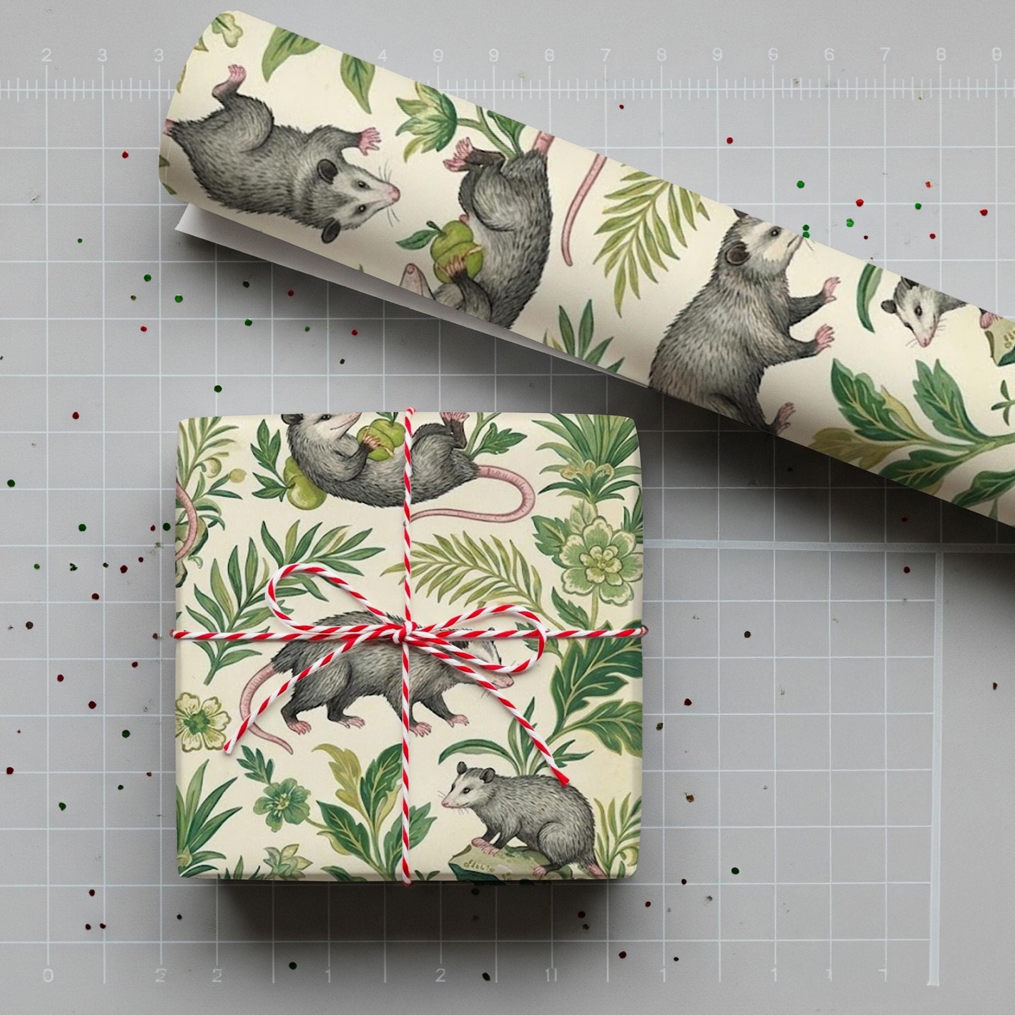 Opossum Wrapping Paper: Vintage Botanical Green Floral Print Possum Gift Wrap Sheet image 2