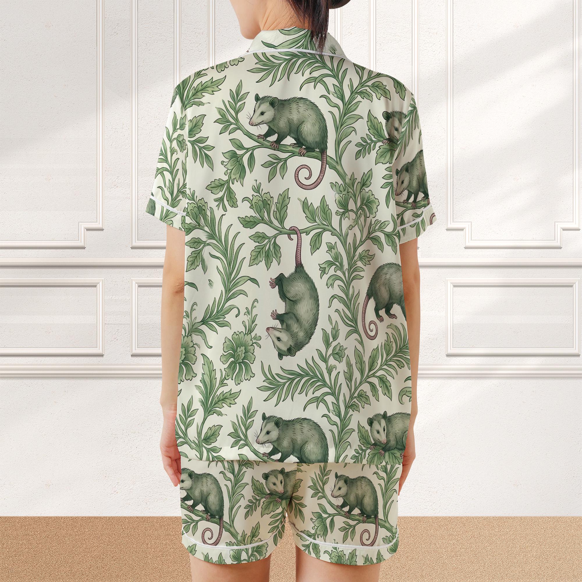 Opossum Satin Pajama Set: Green Botanical Chinoiserie Print Button Down Short Sleeve image 2