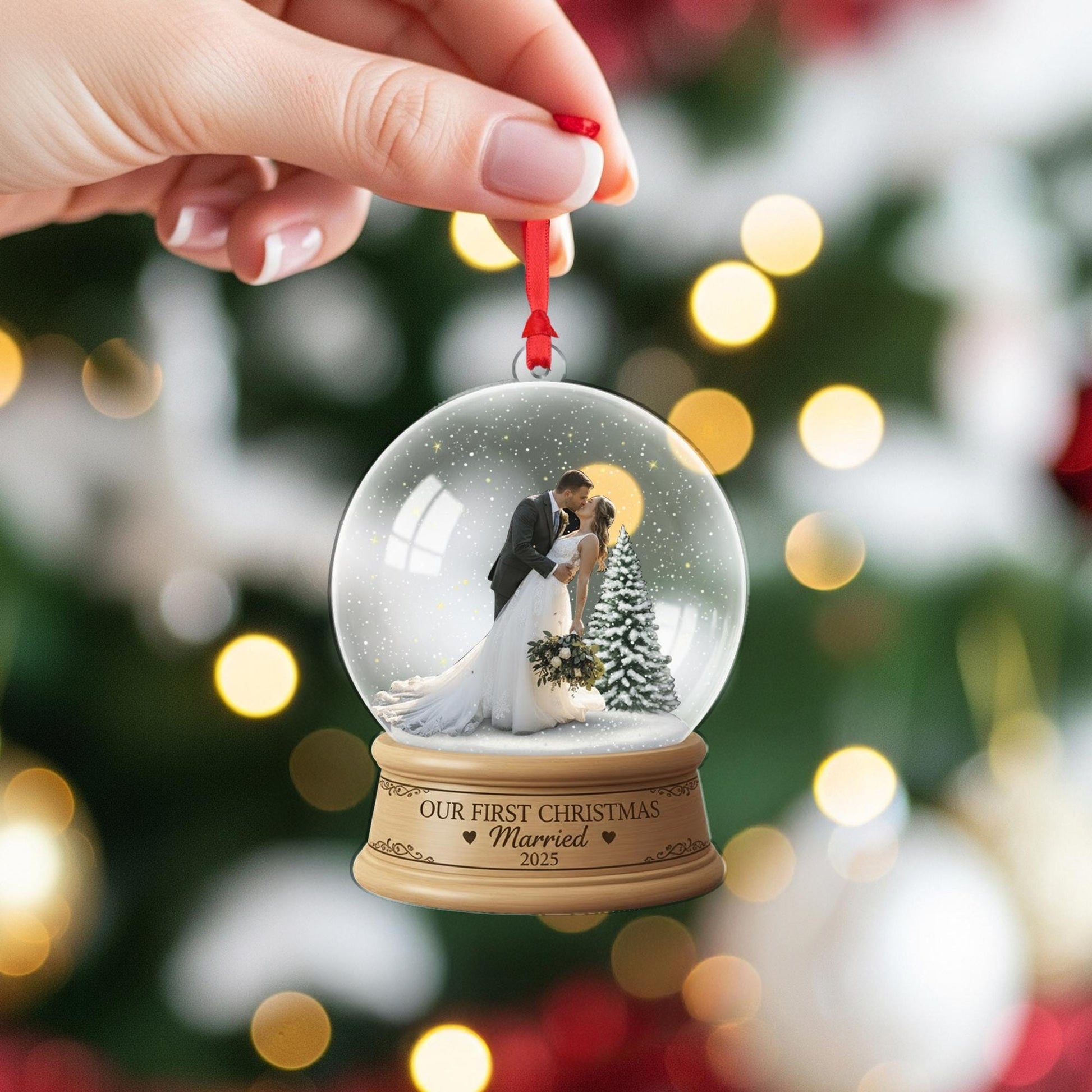 Personalised First Christmas Married Ornament – Custom Photo Snow Globe Keepsake image 4