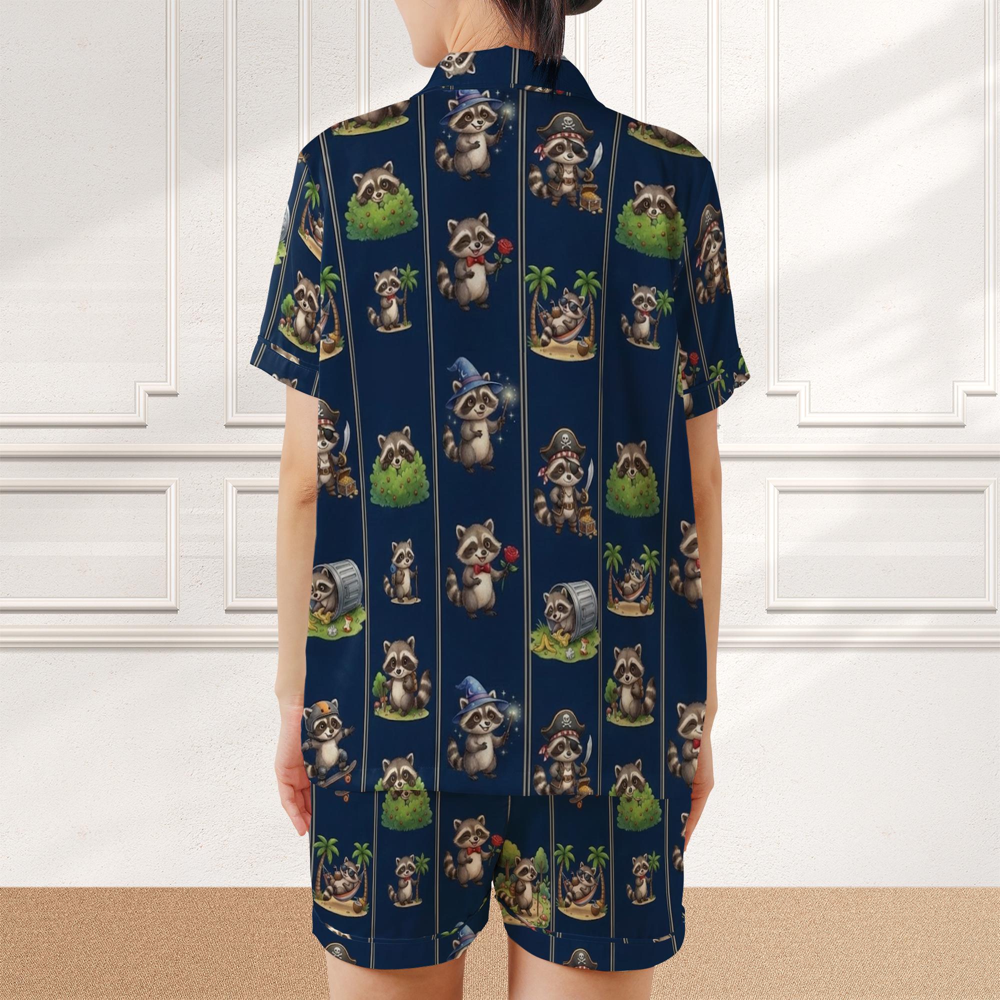 Funny Raccoon Satin Pajama Set: Trash Panda Pirate Wizard & Skater Print Blue Short Sleeve image 2