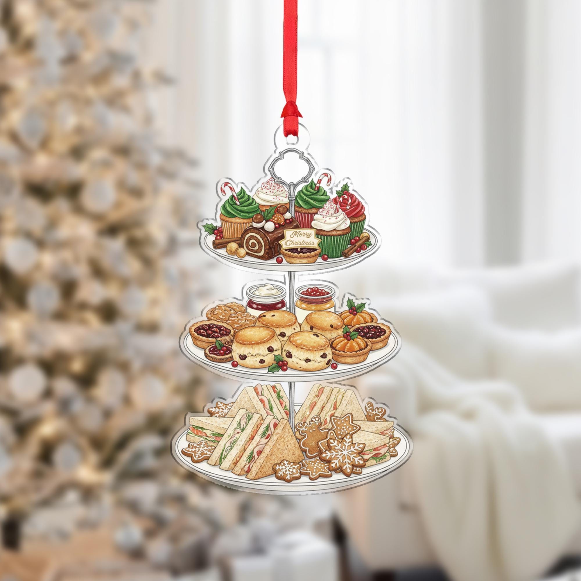 Christmas Afternoon Tea Ornament – Tiered Tray with Sandwiches, Scones, Cupcakes image 1