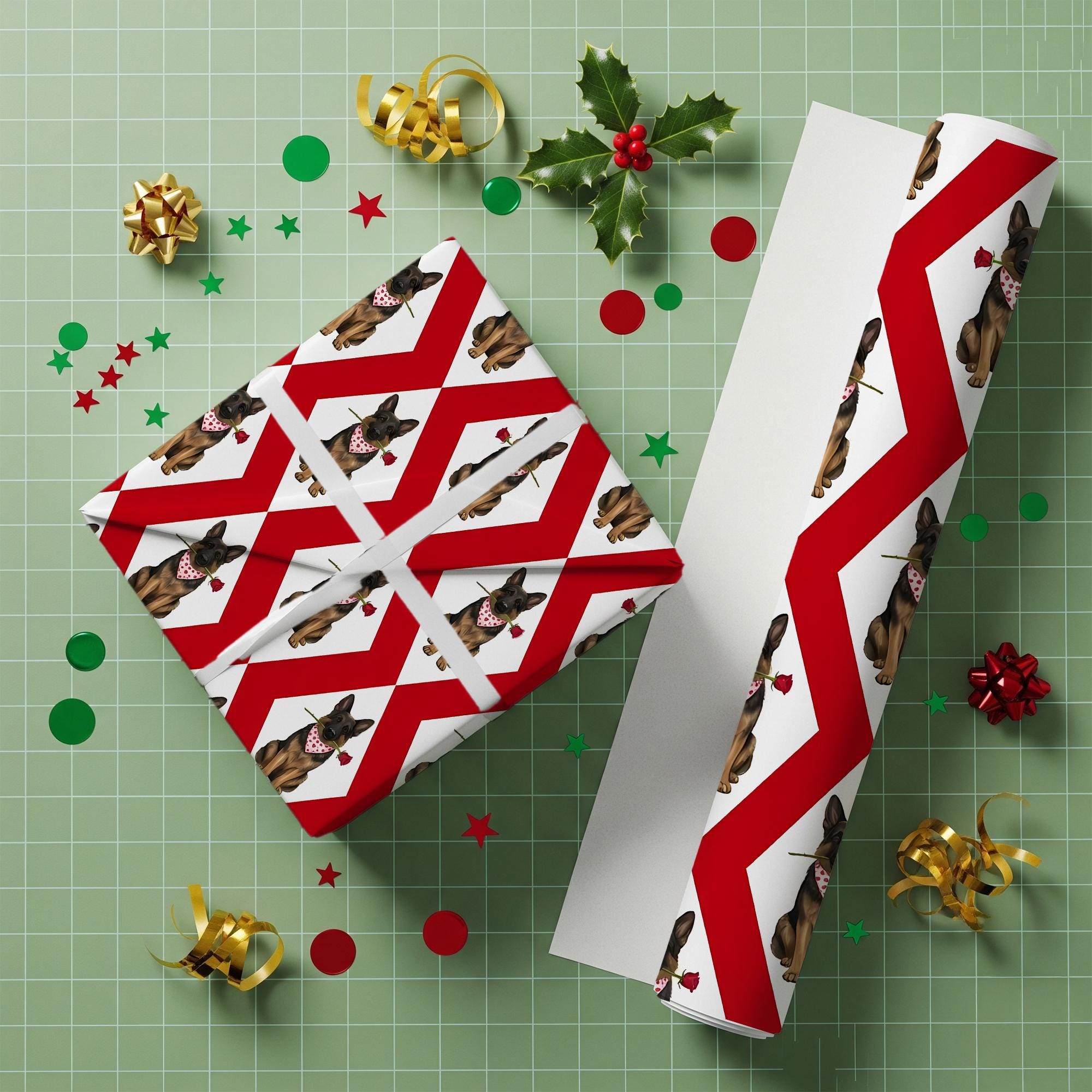 German Shepherd Wrapping Paper: Valentine Dog with Red Rose & Bandana Red Diamond Pattern Sheet image 1