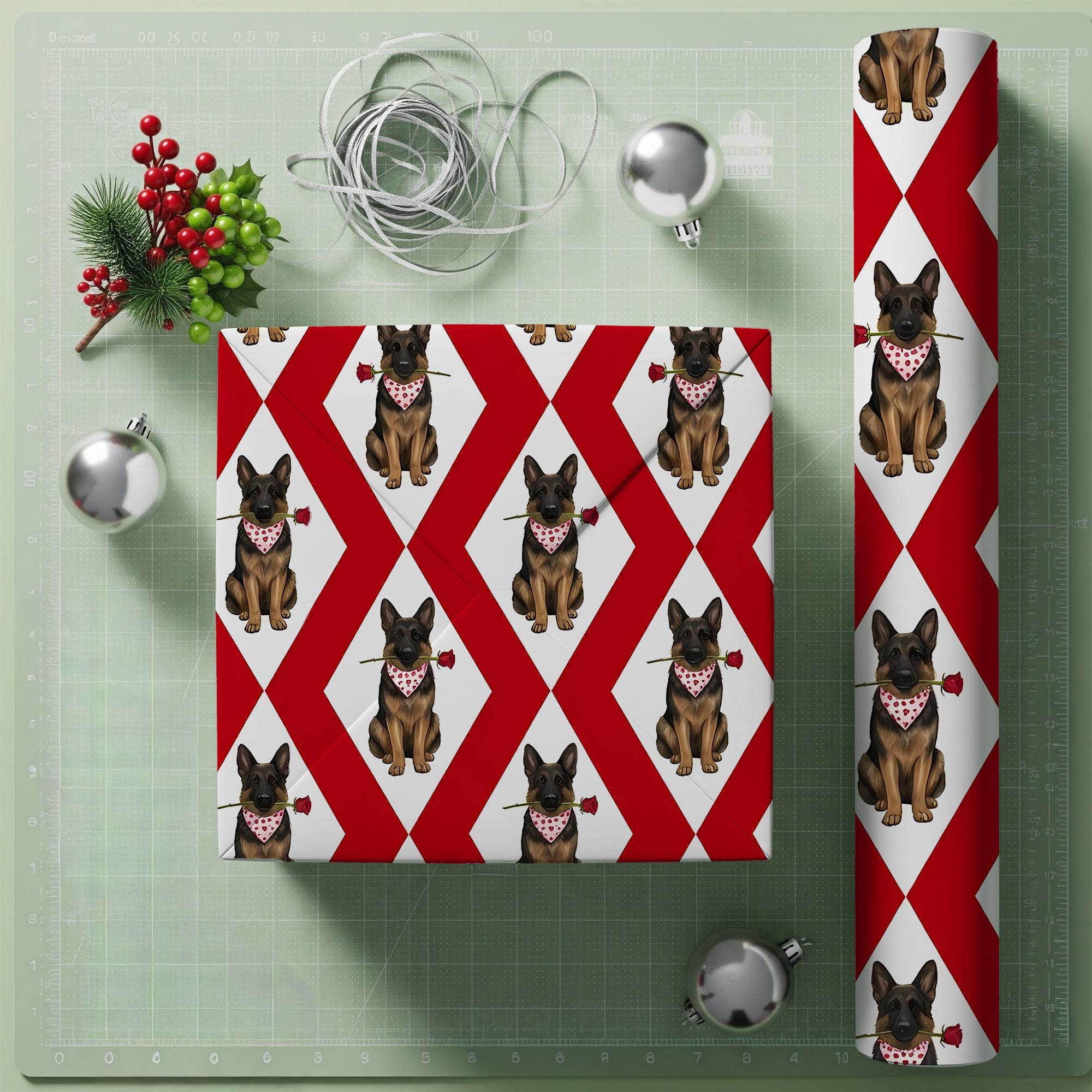 German Shepherd Wrapping Paper: Valentine Dog with Red Rose & Bandana Red Diamond Pattern Sheet image 2