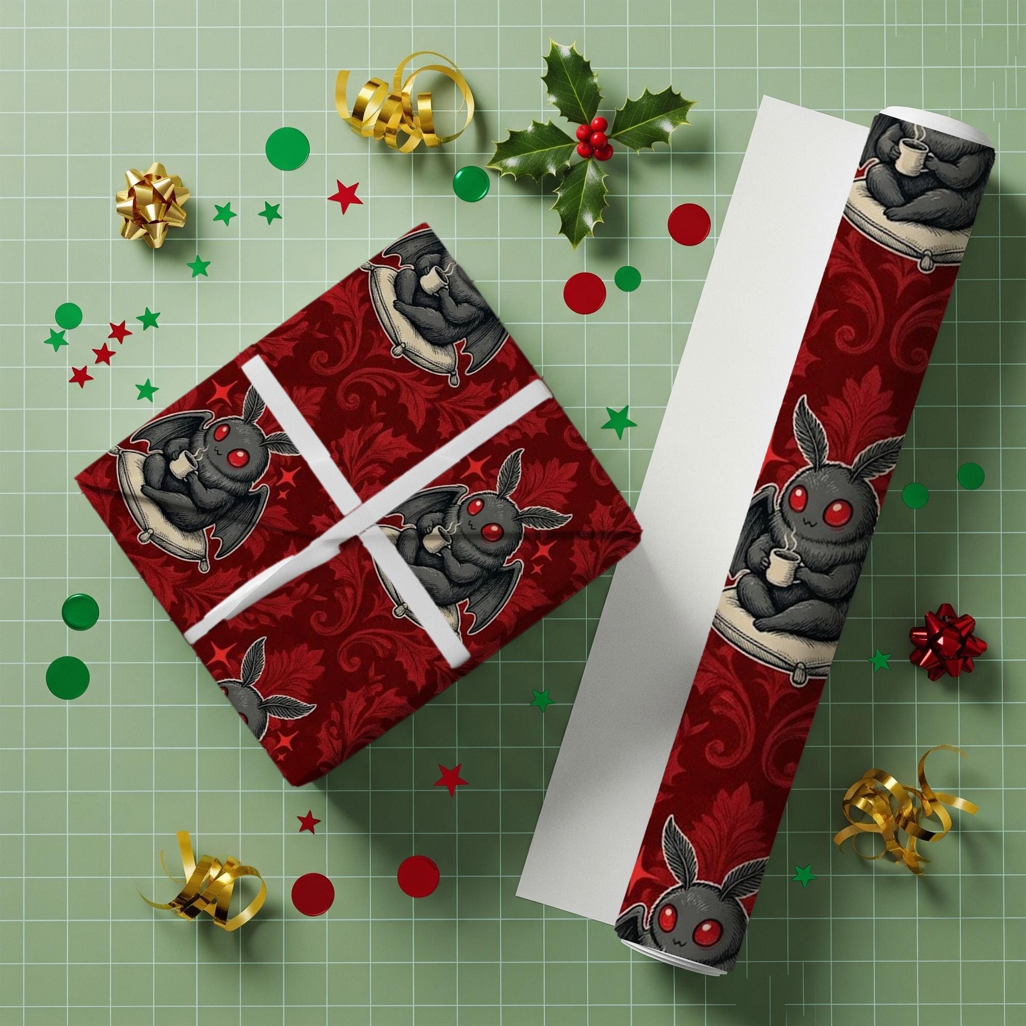 Mothman Gift Wrap Sheet: Red Damask Gothic Pattern image 2