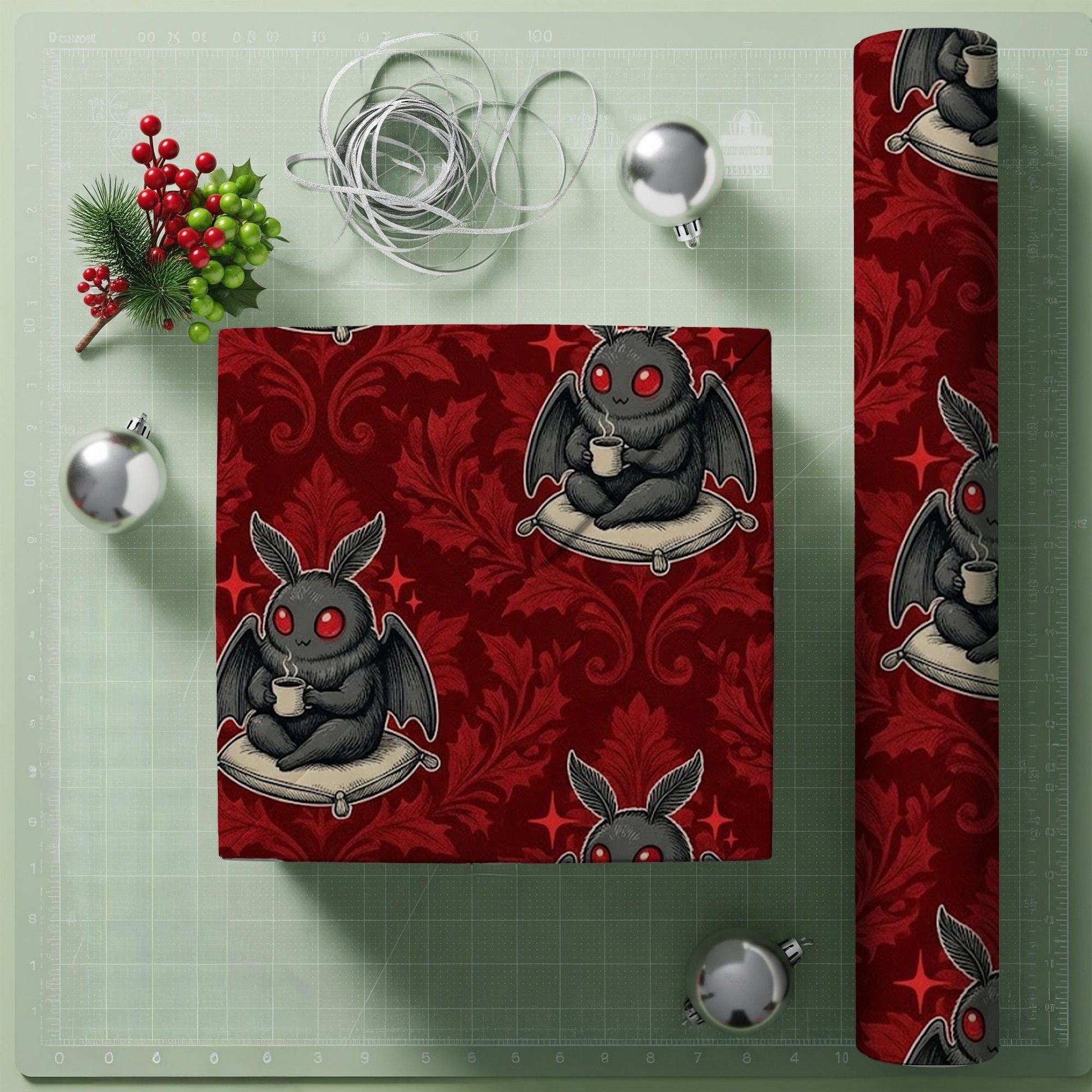 Mothman Gift Wrap Sheet: Red Damask Gothic Pattern image 3