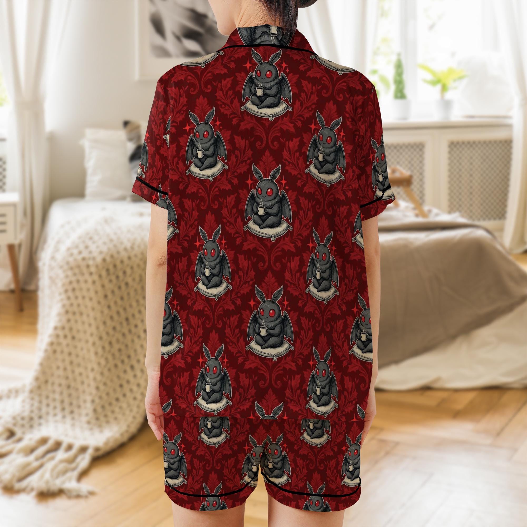 Mothman Satin Pajama Set: Red Gothic Damask, Cryptid Print image 2
