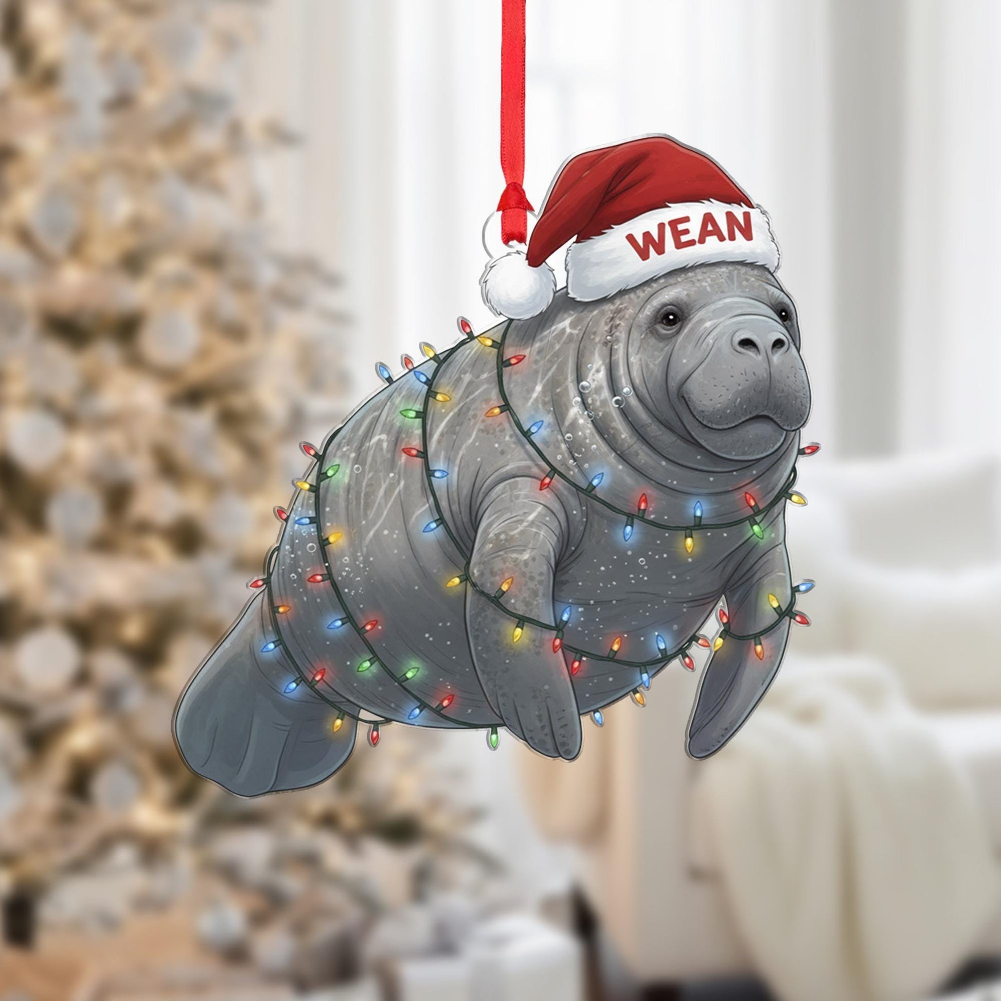 Personalized Manatee Ornament: Custom Name, Santa Hat Christmas Keepsake image 1