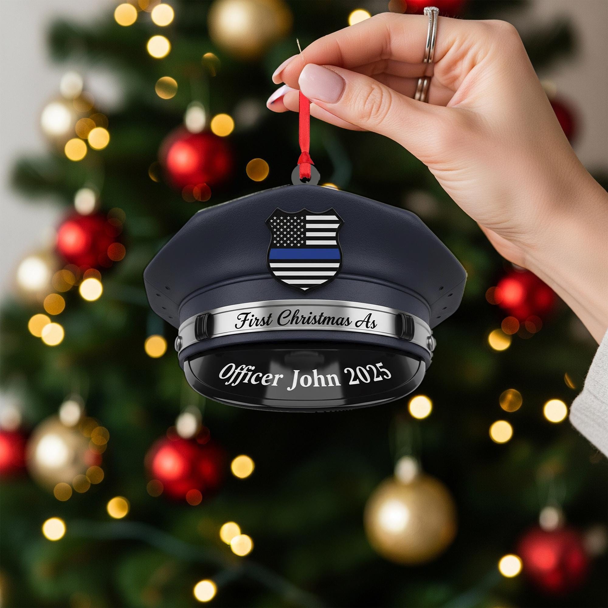 Personalized Police Officer Hat Ornament: First Christmas, Custom Name (2D Print) image 2