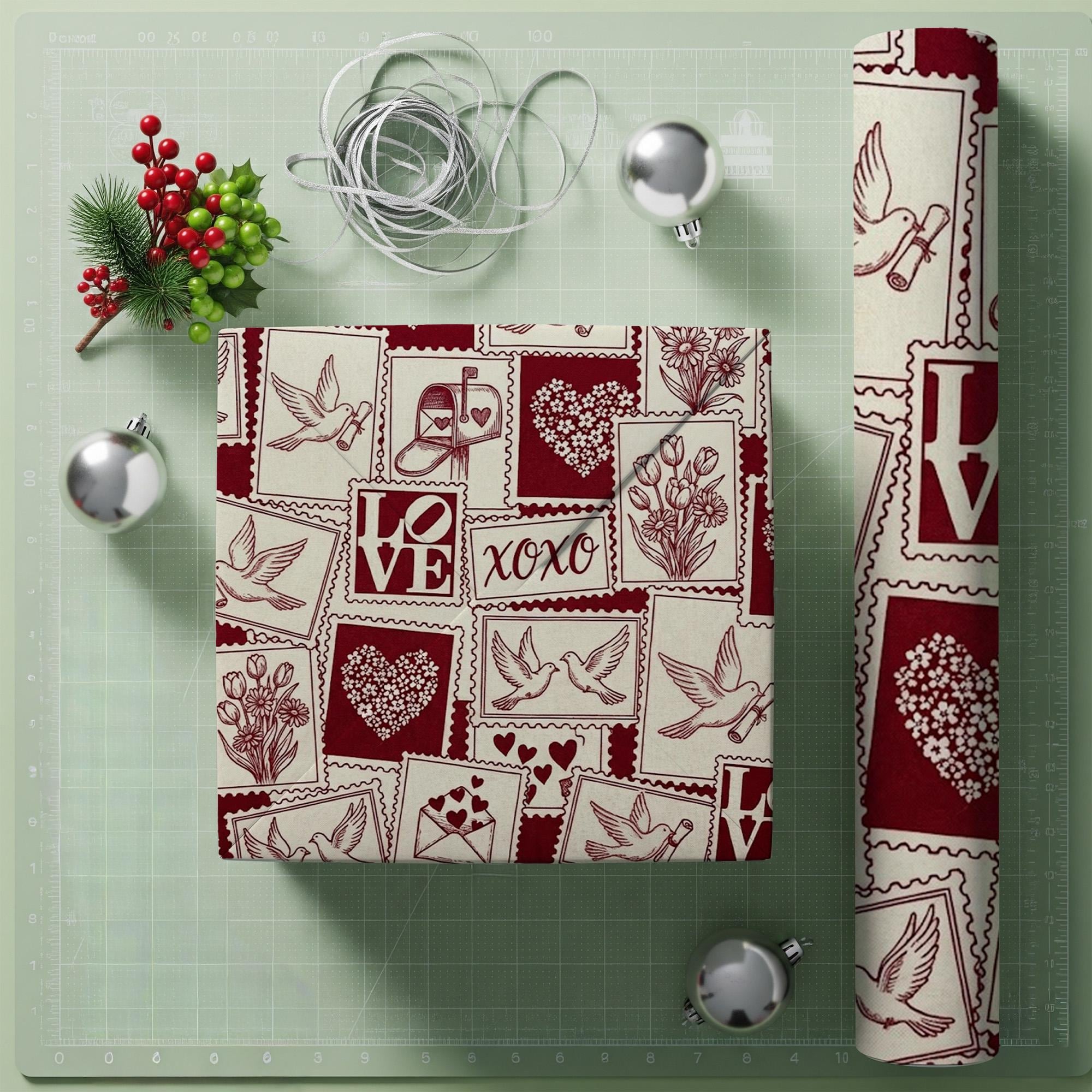 Valentine Wrapping Paper: Vintage Red Postage Stamp Print Love Doves & Hearts Gift Wrap Sheet image 1