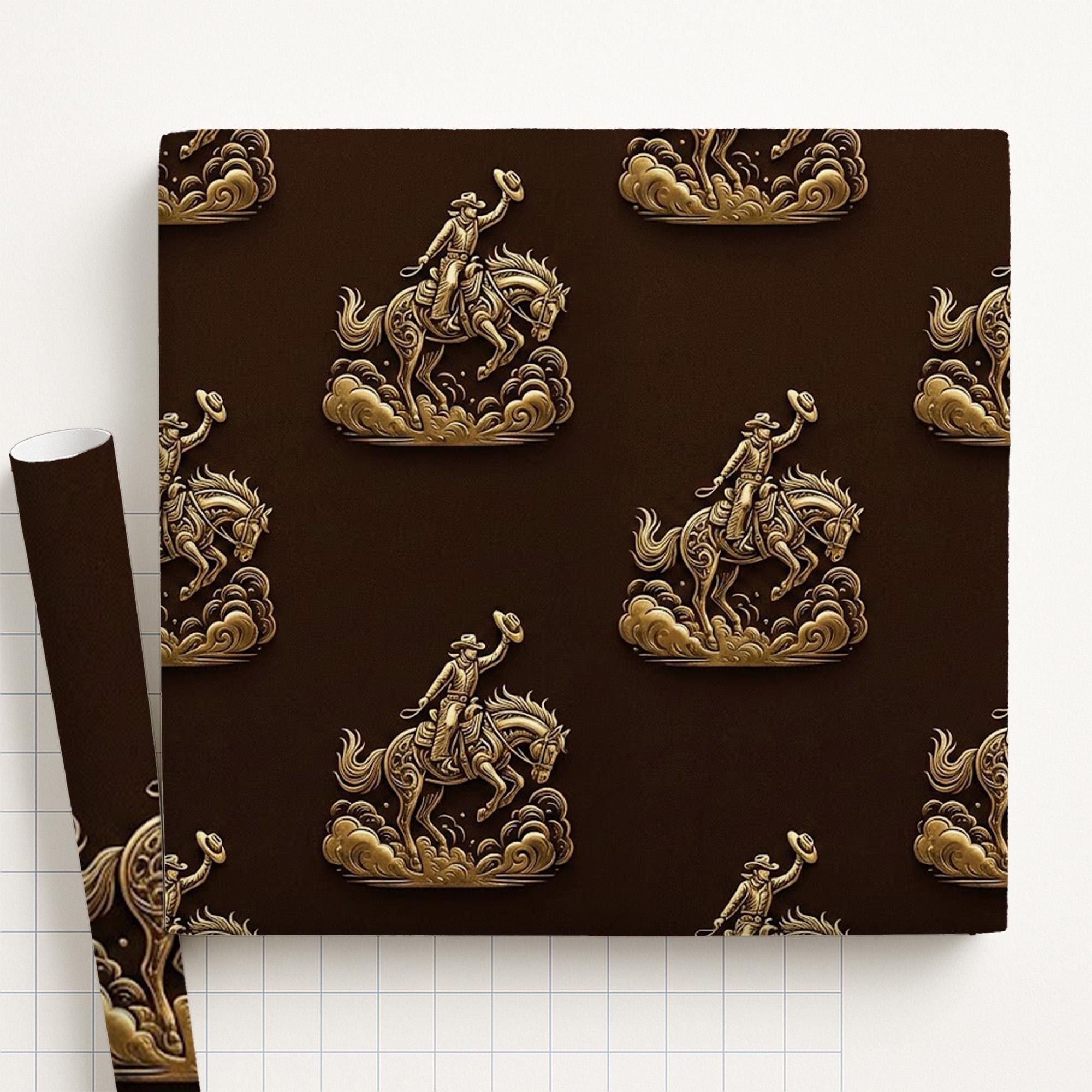 Western Cowboy Wrapping Paper: Vintage Gold Bucking Horse Rodeo Design Dark Brown Gift Wrap image 2