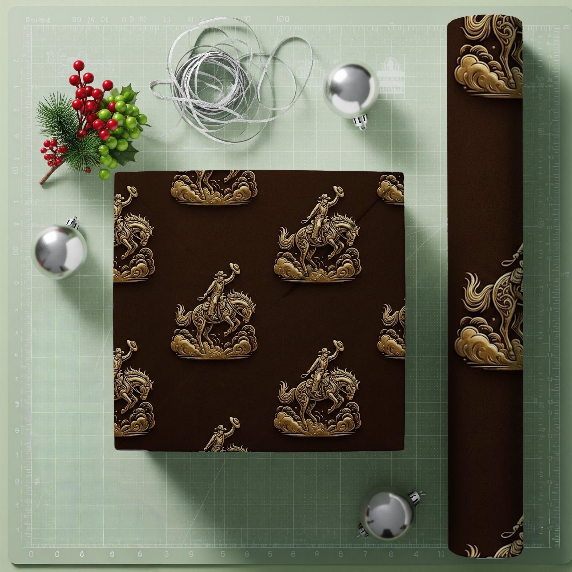 Western Cowboy Wrapping Paper: Vintage Gold Bucking Horse Rodeo Design Dark Brown Gift Wrap image 1