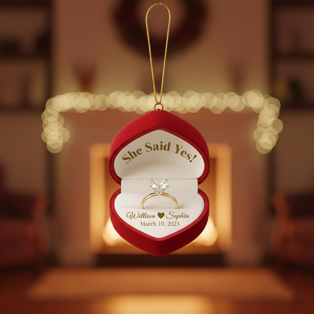 Personalized Engagement Ring Box Ornament: Christmas Keepsake, Names & Date image 3