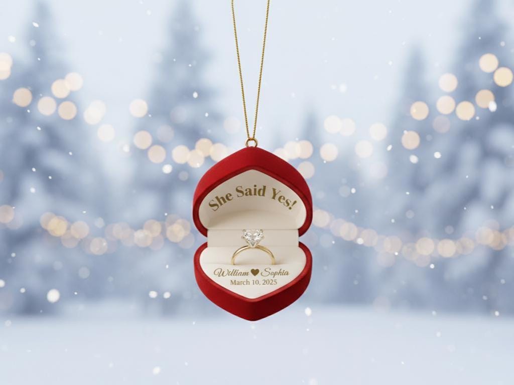 Personalized Engagement Ring Box Ornament: Christmas Keepsake, Names & Date image 5
