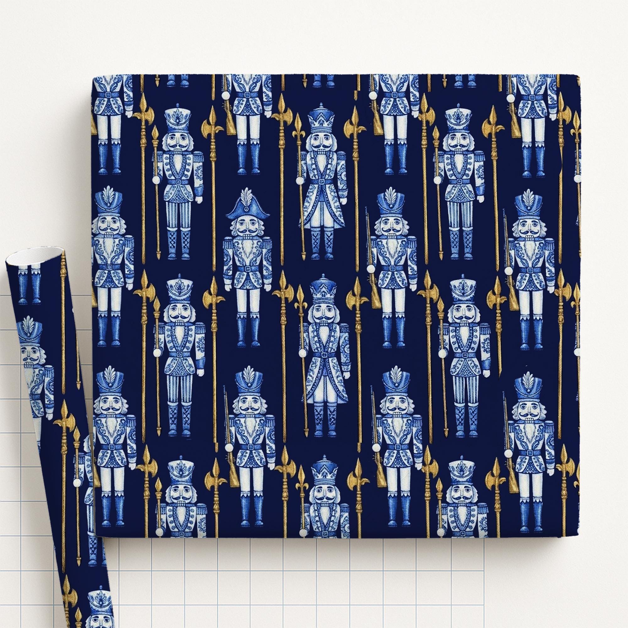 Blue Nutcracker Wrapping Paper: Chinoiserie Porcelain Print Navy & Gold Christmas Gift Wrap Sheet image 2