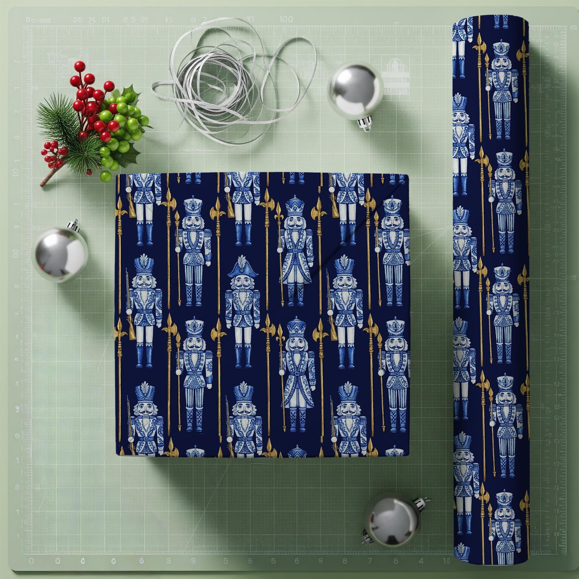 Blue Nutcracker Wrapping Paper: Chinoiserie Porcelain Print Navy & Gold Christmas Gift Wrap Sheet image 1
