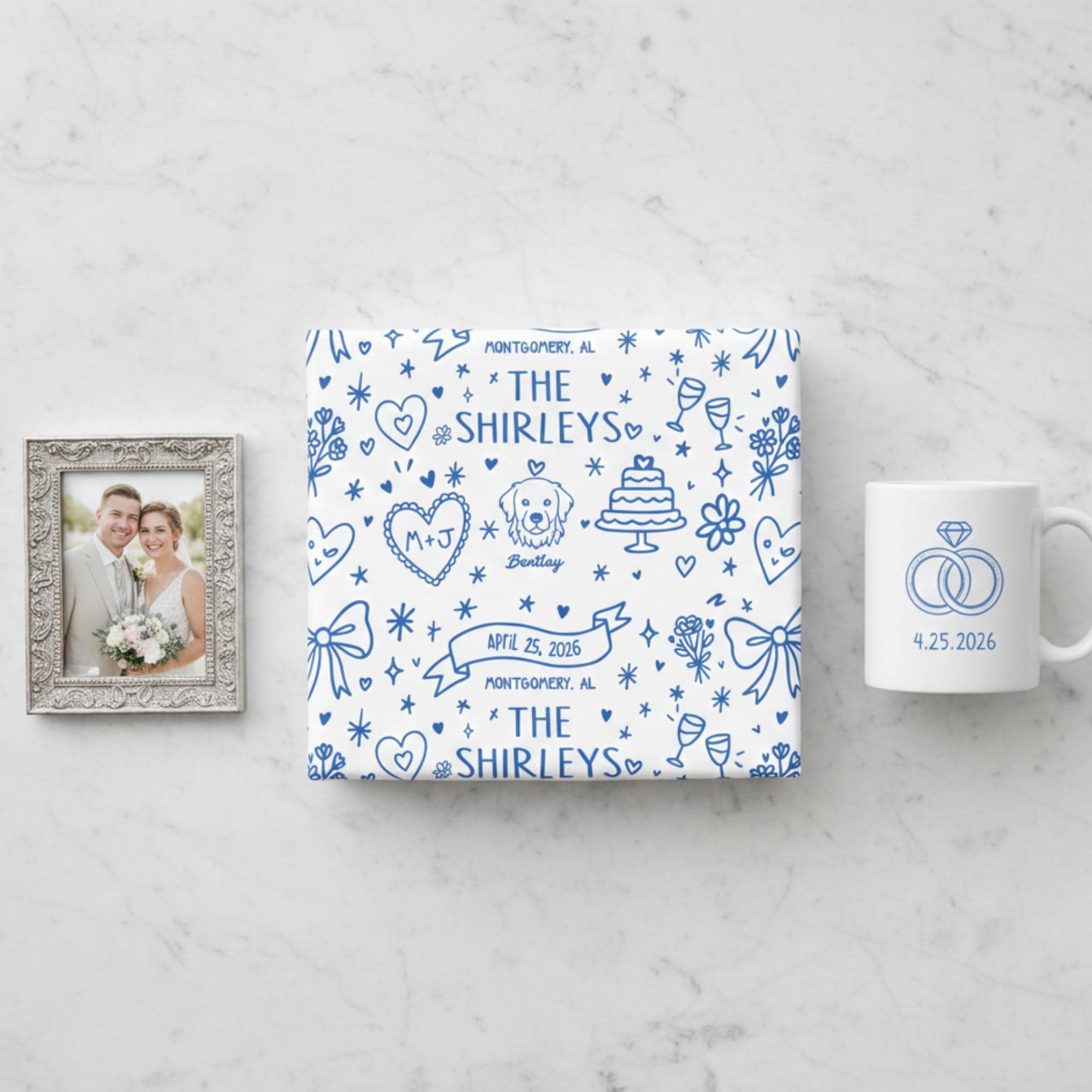 Custom Wedding Wrapping Paper: Couple Initials Gift Wrap • Personalized Doodle Print Sheet image 1