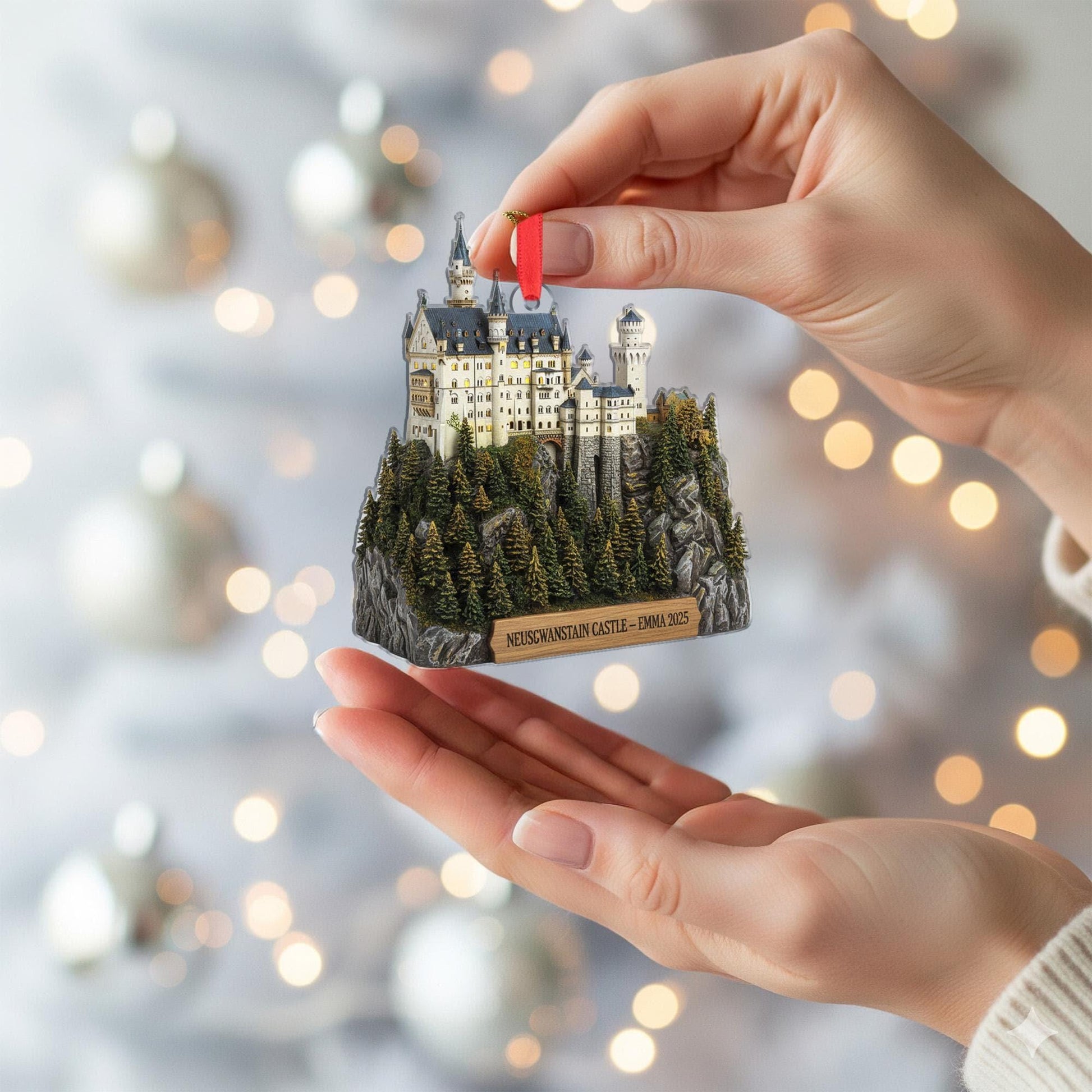 2D flat Personalized Neuschwanstein Castle Ornament Germany Bavarian Landmark Replica Name Year Christmas Decoration image 5