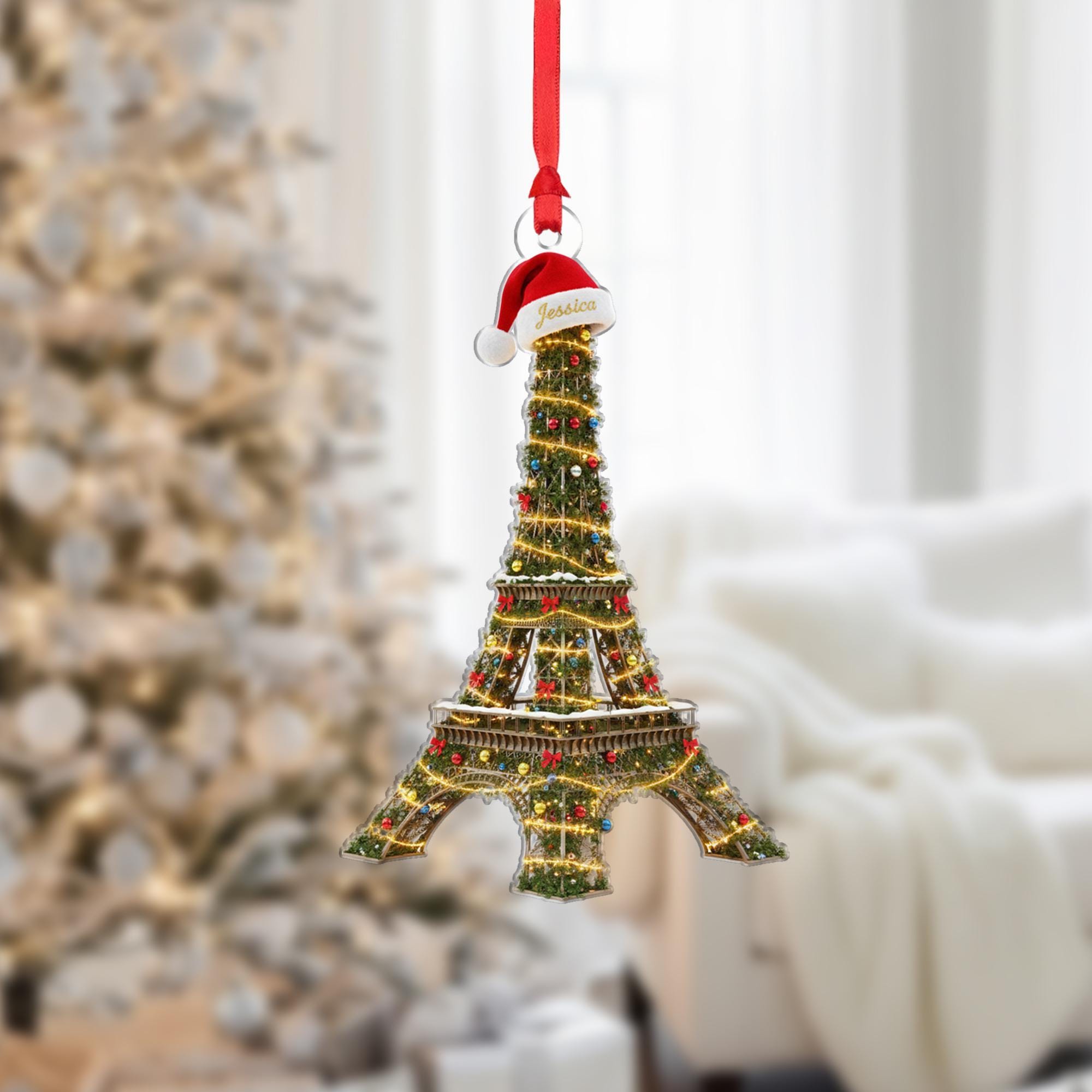 2D flat Personalized Eiffel Tower Ornament Paris Landmark Custom Name Christmas Lights image 2