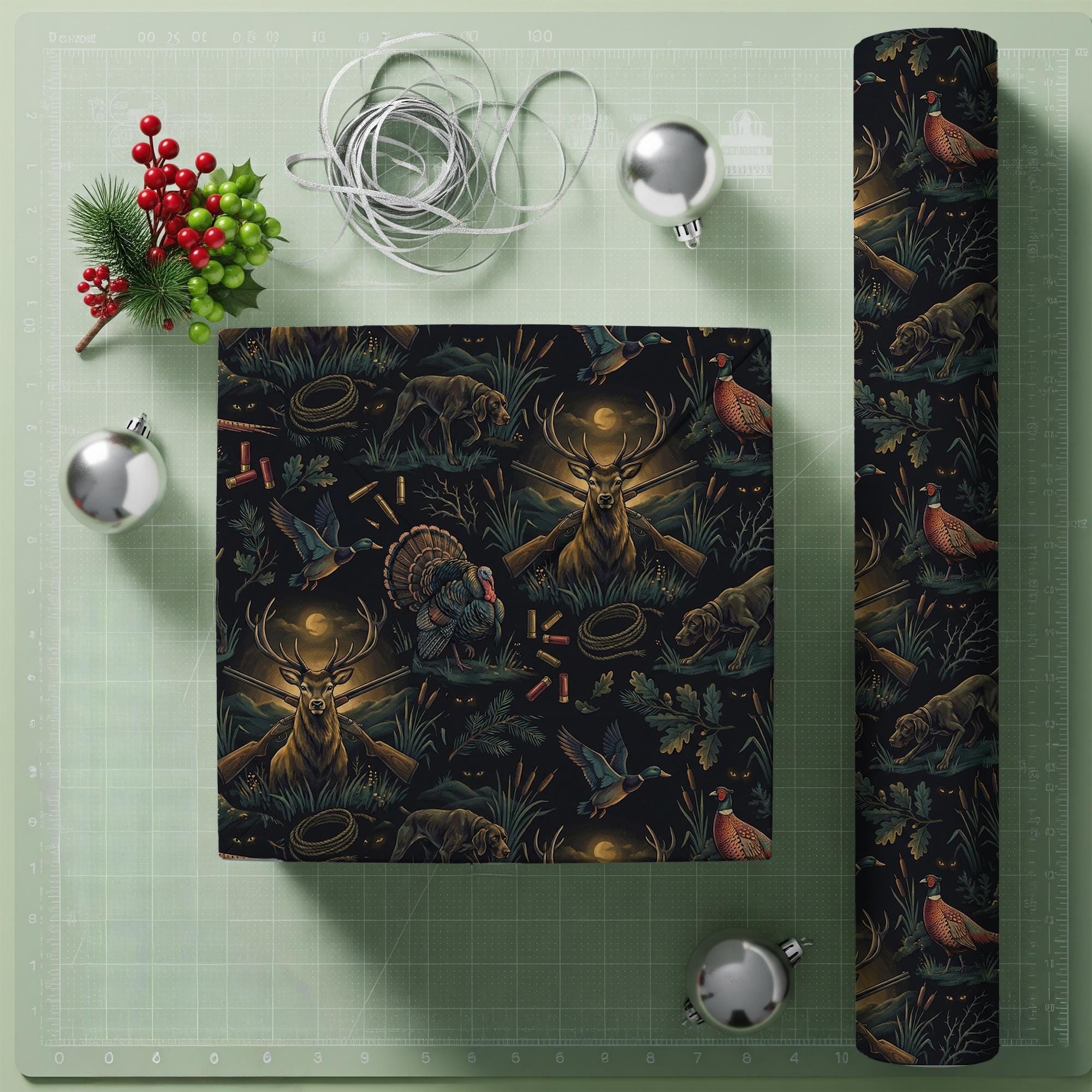 Hunting Wrapping Paper: Deer Duck & Pheasant Print Dark Outdoor Sportsman Gift Wrap image 1