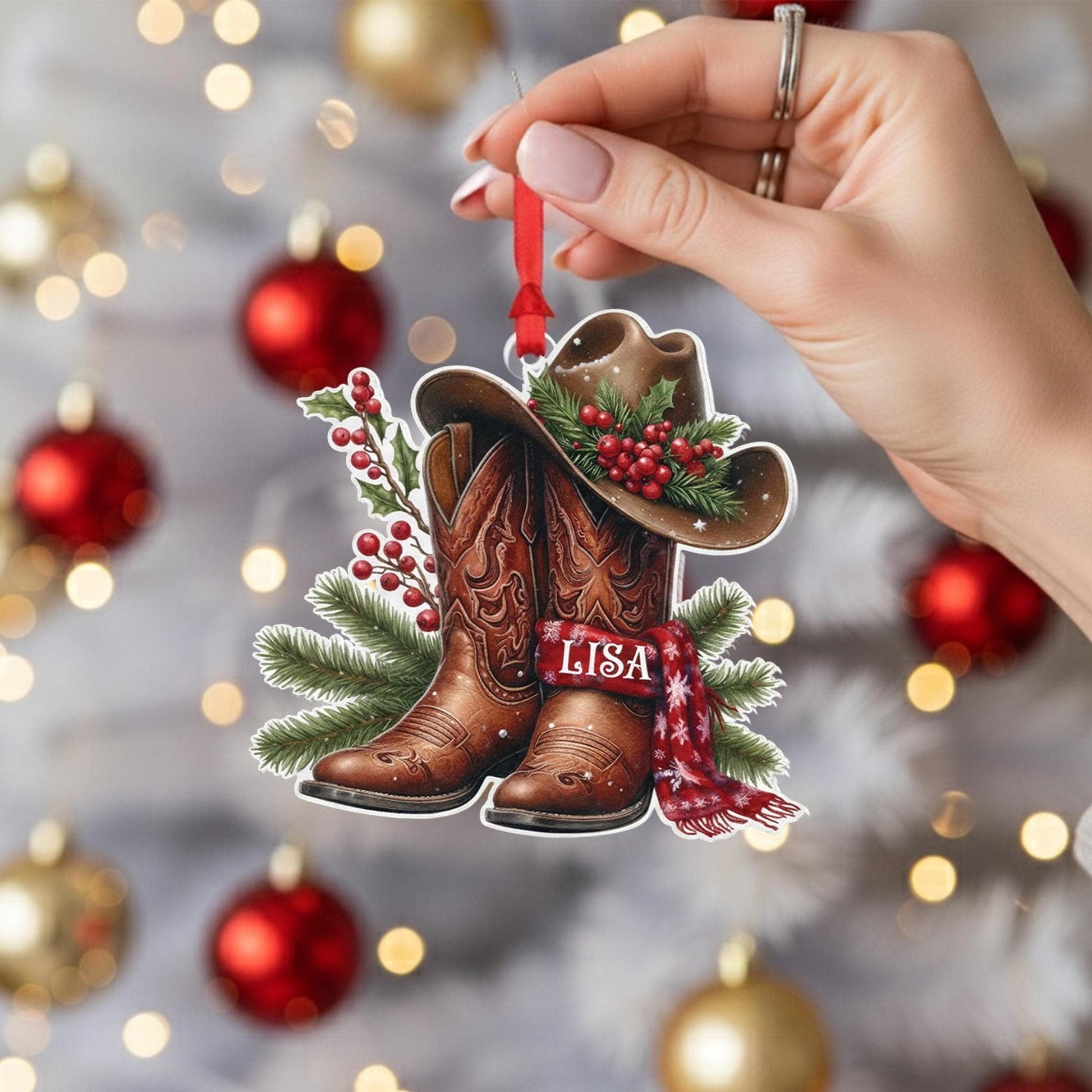 2D flat Personalized Cowboy Boot Ornament: Western Christmas Keepsake image 2