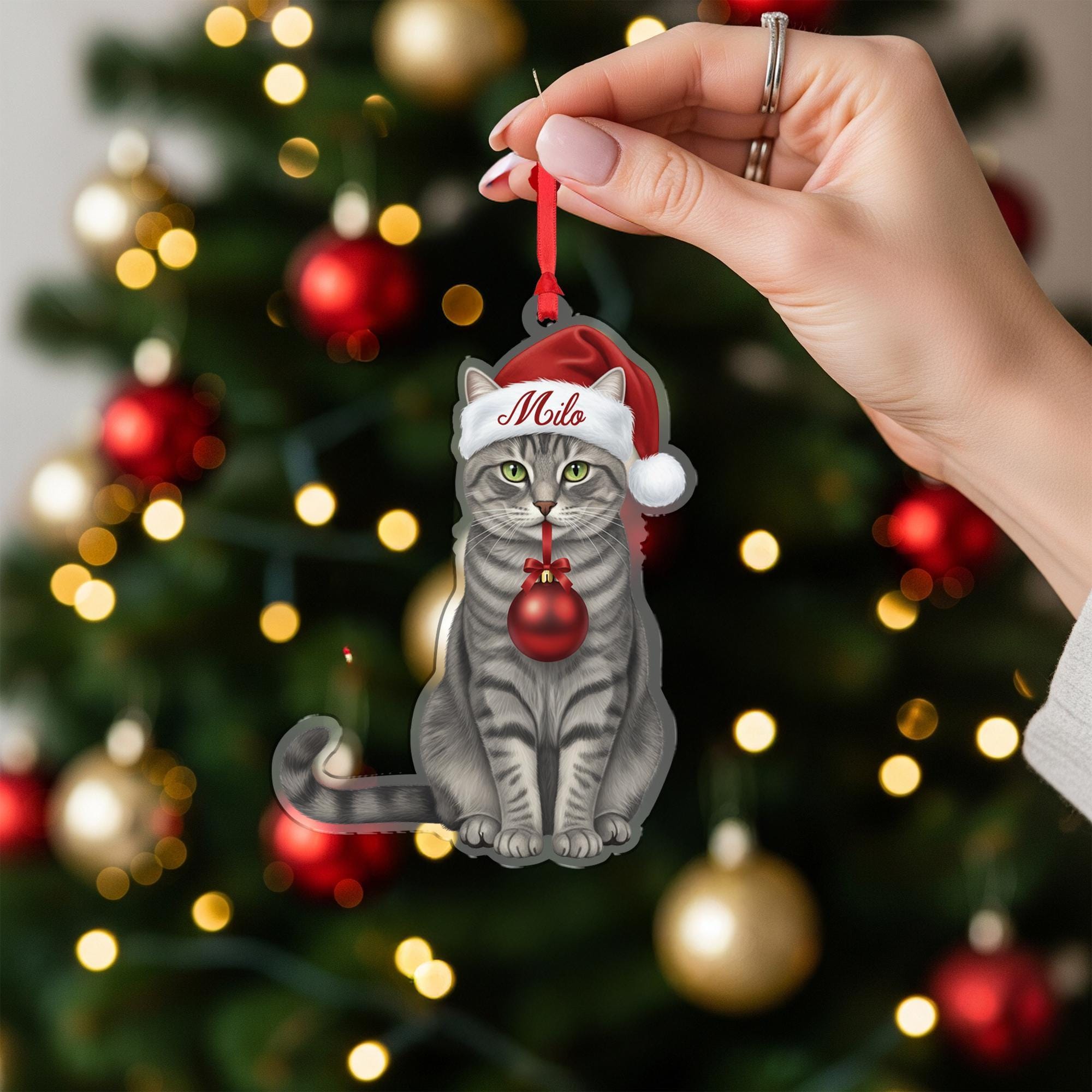 Personalized Cat Christmas Ornament – Custom Name Gray Tabby with Santa Hat image 1