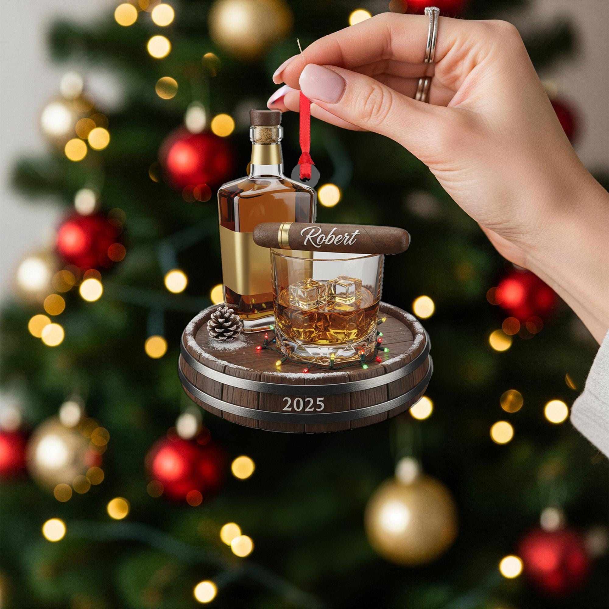 Personalized Whiskey and Cigar Ornament 2025 – Custom Name Bourbon Glass Ornament – Gentlemen Gift for Him Christmas Decor image 1