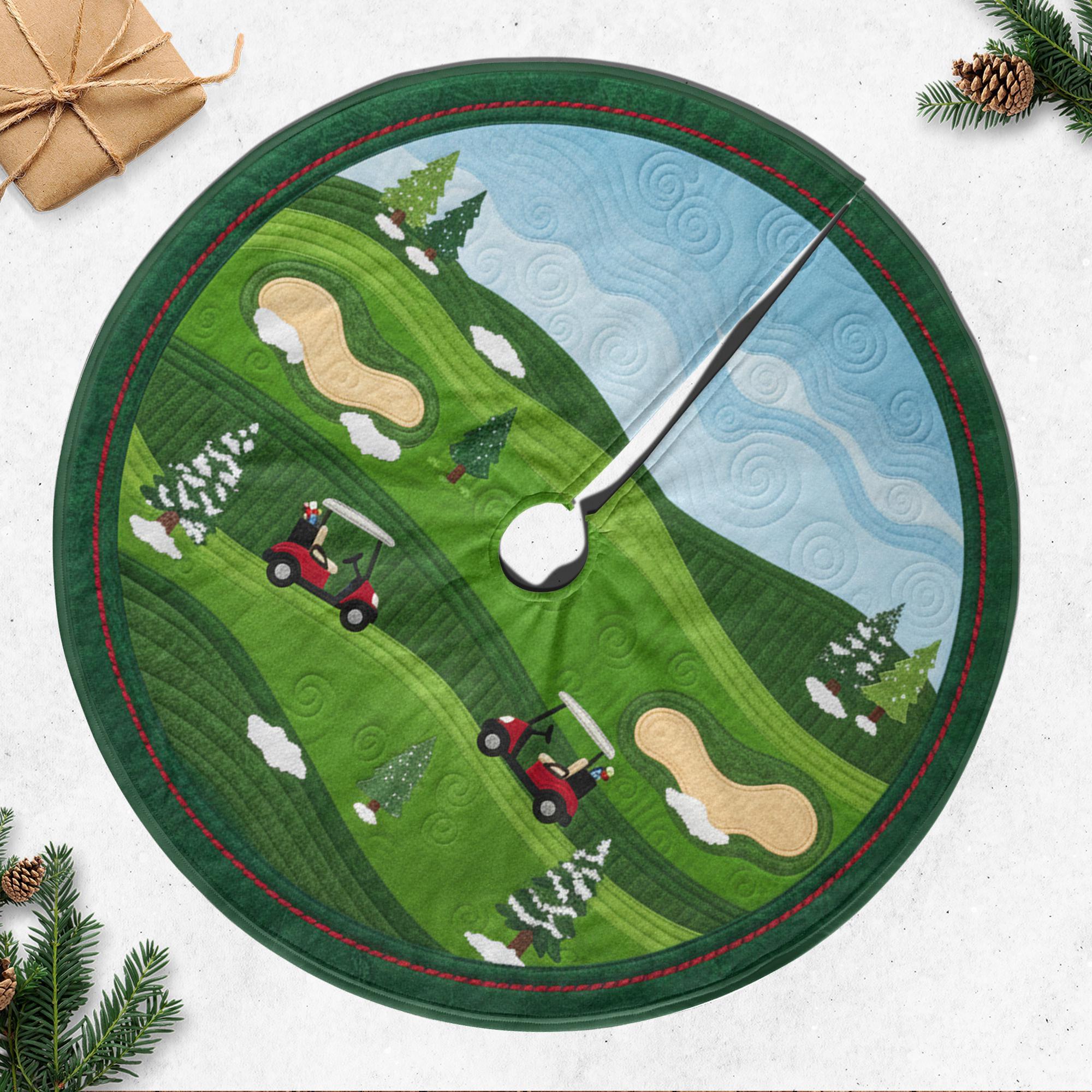 Golf Course Christmas Tree Skirt with Cart and Fairway Design, Winter Landscape Holiday Decor image 1