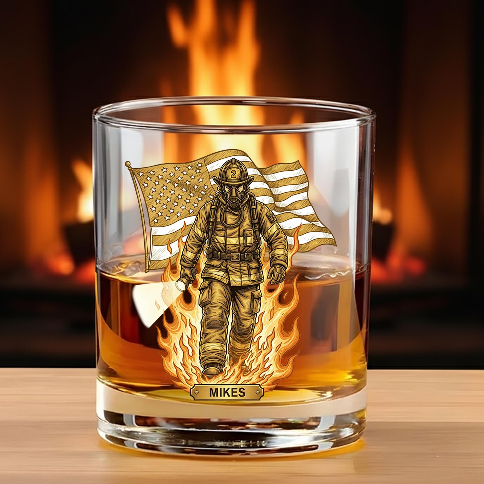 Personalized Whiskey Glass with Firefighter and Flag – Custom Drinkware for Firefighter image 1