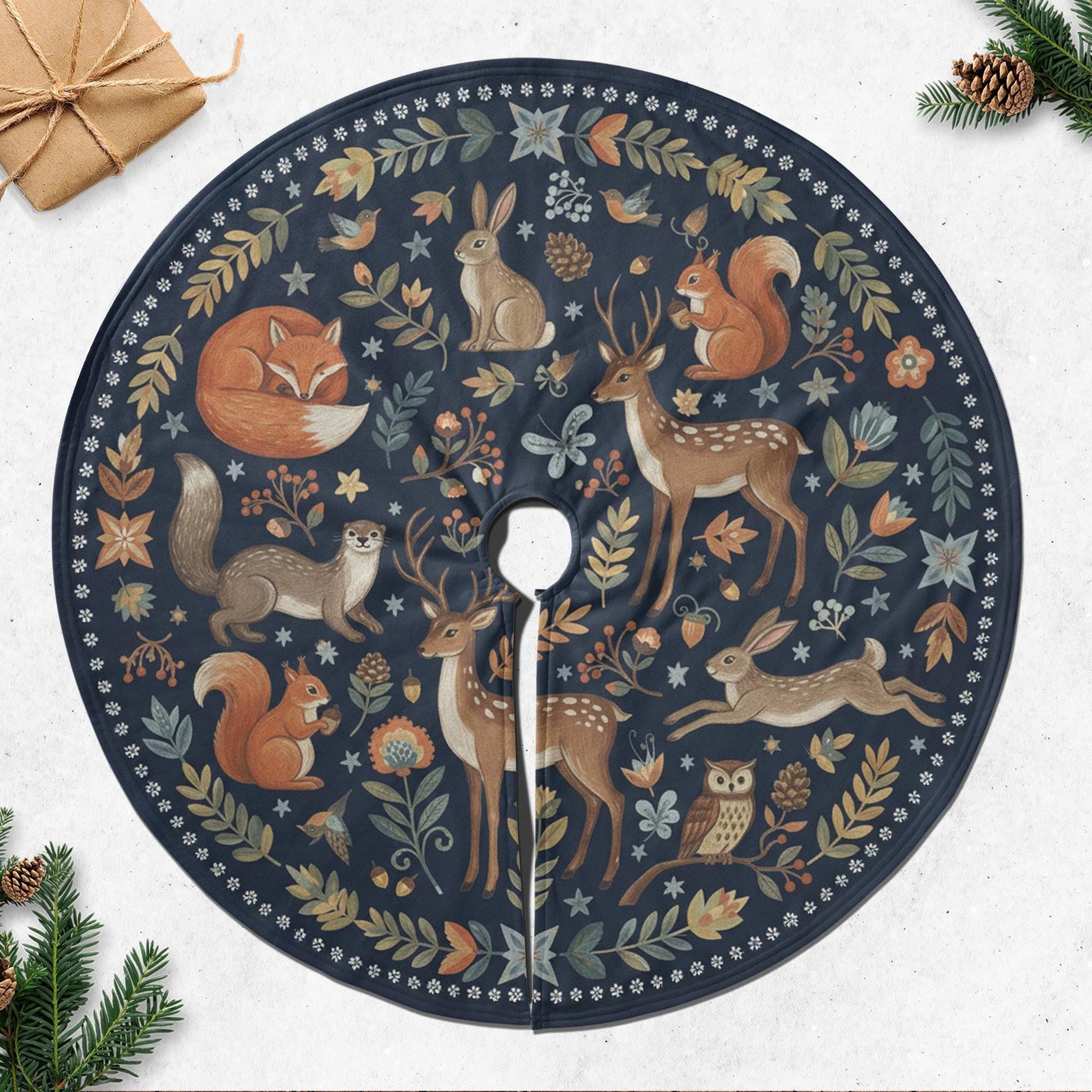 Woodland Animal Christmas Tree Skirt, Rustic Holiday Decor image 2