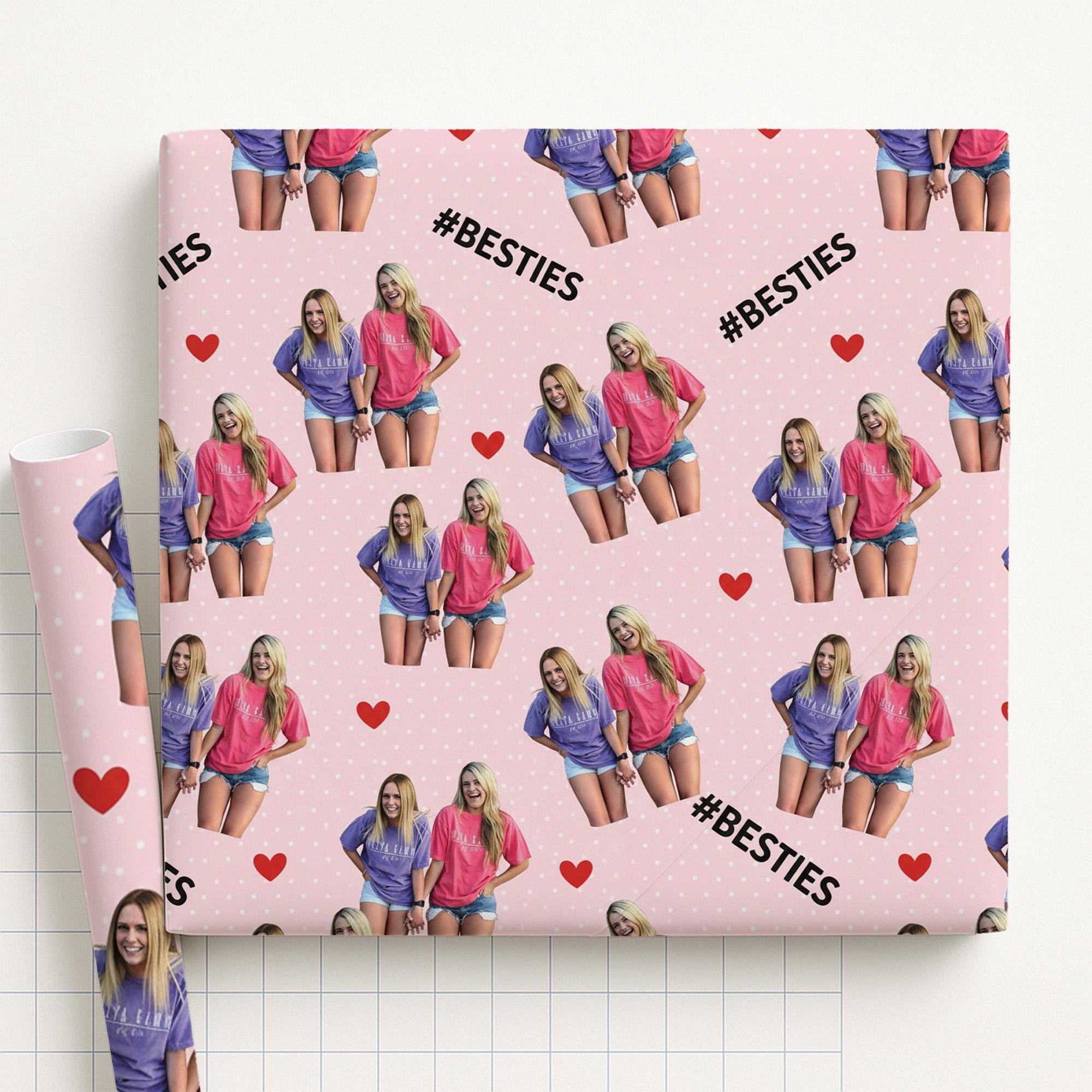 Custom Photo Wrapping Paper Roll, Bestie Friends Print, Pink Heart Polka Dot Pattern image 2