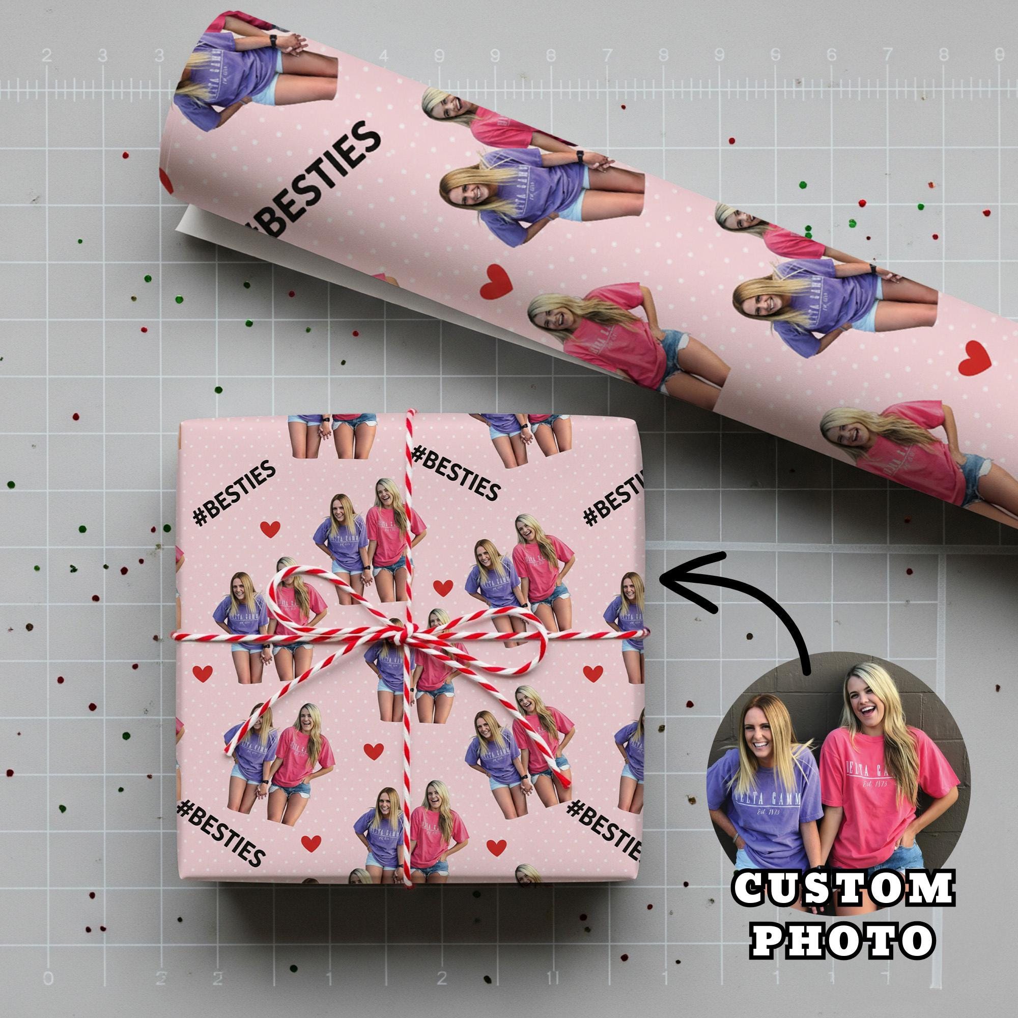 Custom Photo Wrapping Paper Roll, Bestie Friends Print, Pink Heart Polka Dot Pattern image 1
