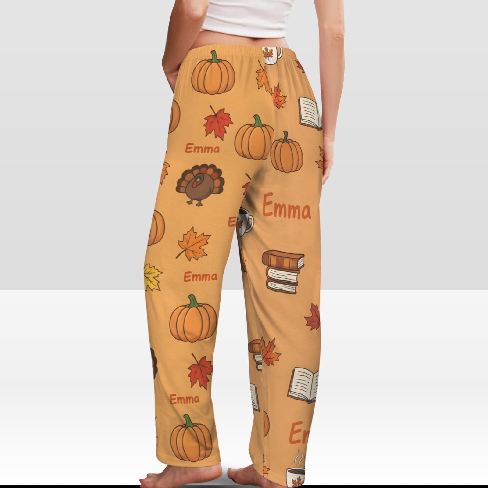 Personalized Thanksgiving Pajama Pants – Custom Name, Orange, Turkey & Book Icons image 1