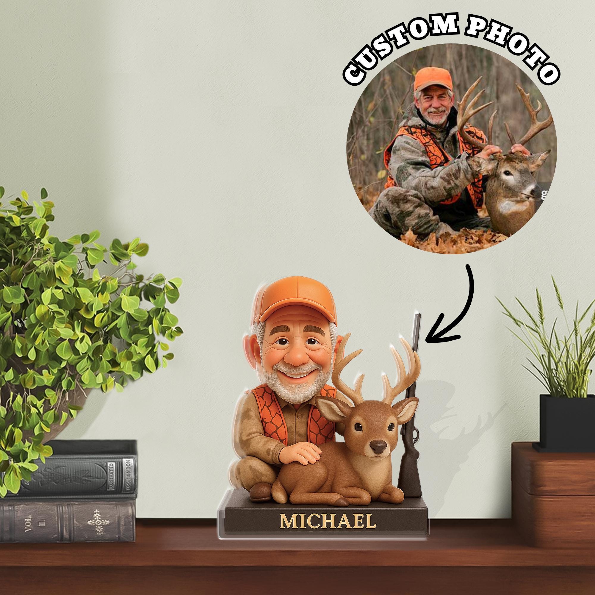 Custom Acrylic Block Plaque, Personalized Hunter Cartoon Portrait, Deer Rifle Name Desk Decor image 1