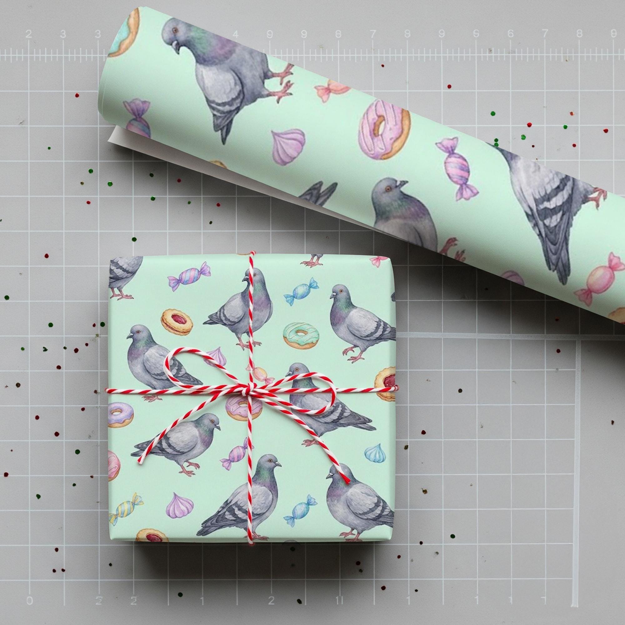 Whimsical Pigeon Wrapping Paper – Mint Green, Candy Pattern, Matte Finish image 1