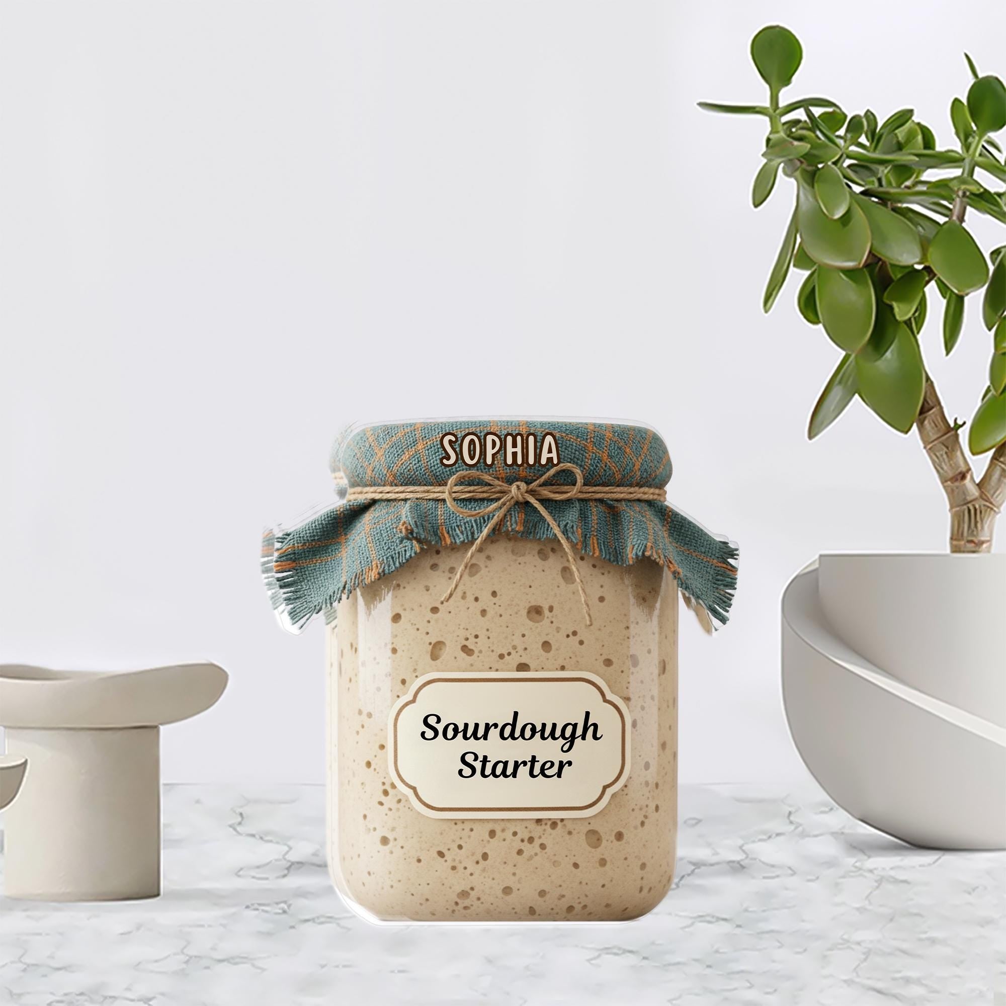 Custom Acrylic Block Plaque, Sourdough Starter Jar Illustration, Personalized Name Kitchen Decor image 2
