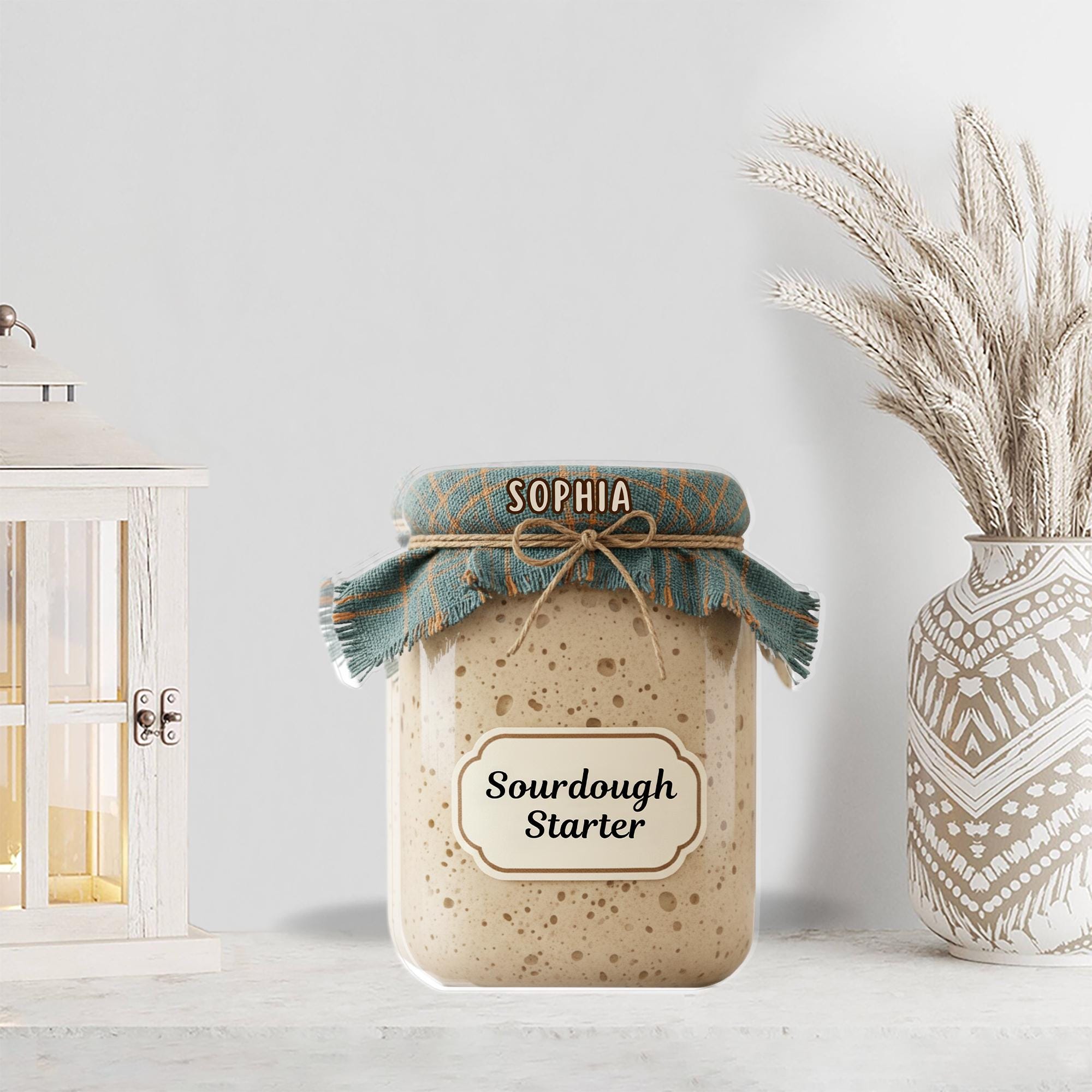 Custom Acrylic Block Plaque, Sourdough Starter Jar Illustration, Personalized Name Kitchen Decor image 1