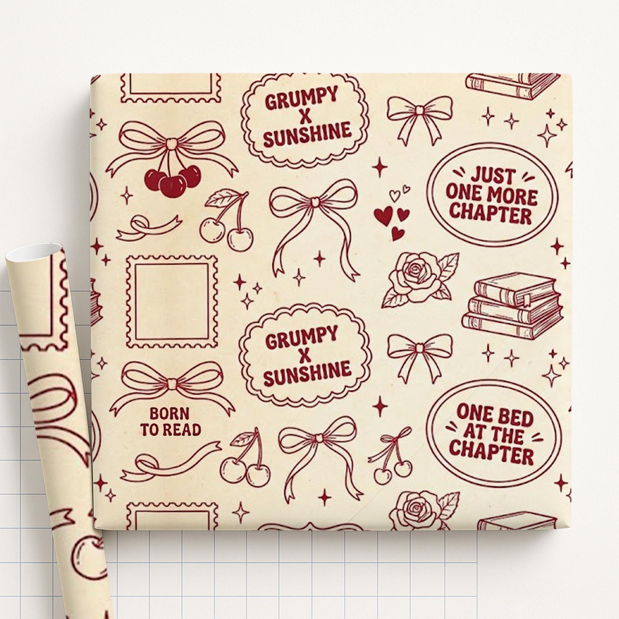 Book Lovers Wrapping Paper – Beige Background, Book Quotes, Red Illustrations image 1