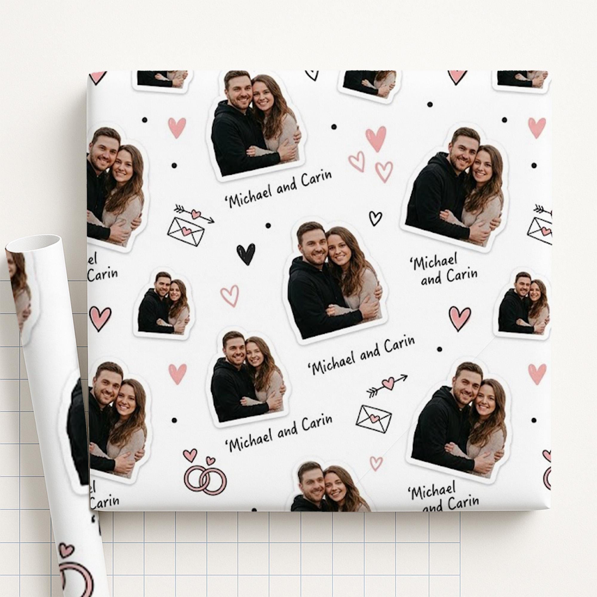 Custom Photo Wrapping Paper – Romantic Couple Theme, Heart Icons, Matte Finish image 1